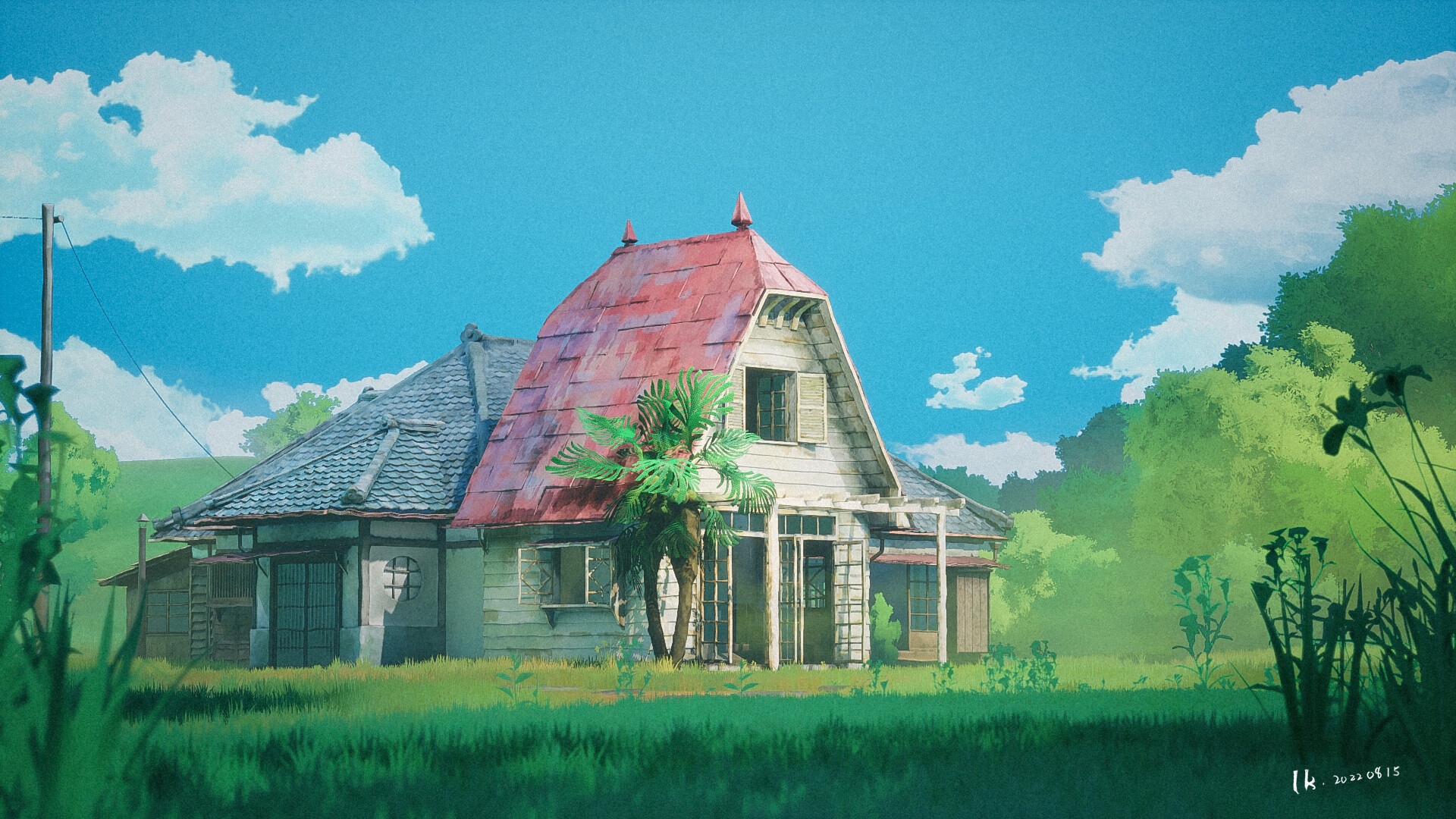 A house with a red roof in a grassy landscape HD Wallpaper