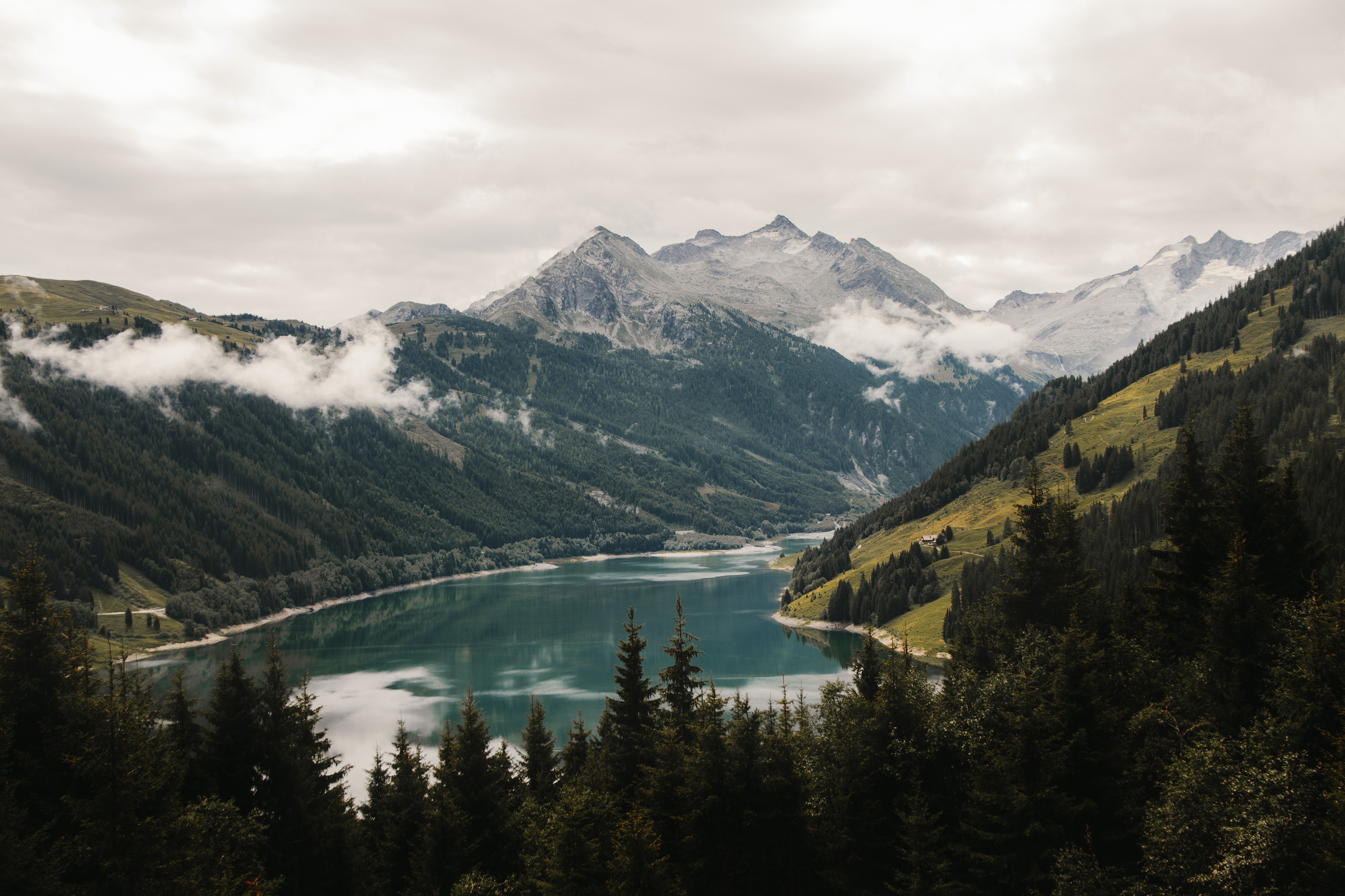 Mountains and lake landscape with forest and clouds HD Wallpaper