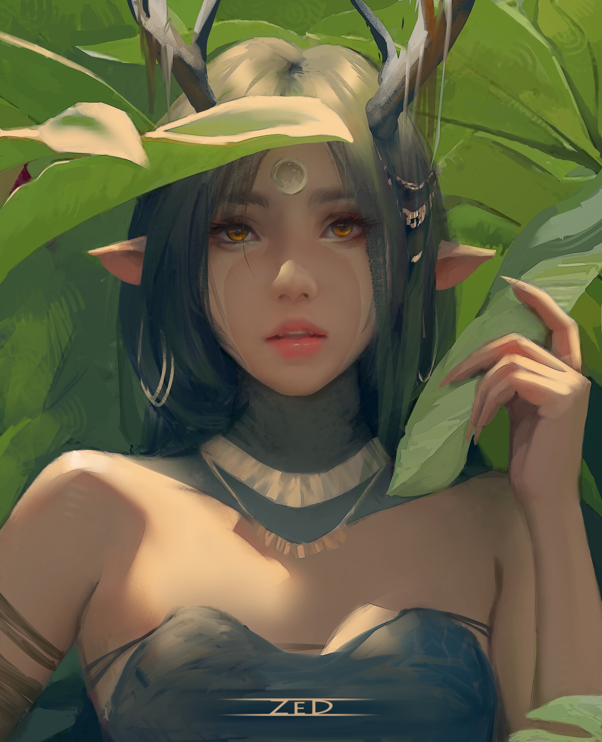 Fantasy girl with horns and pointy ears among leaves HD Phone Wallpaper