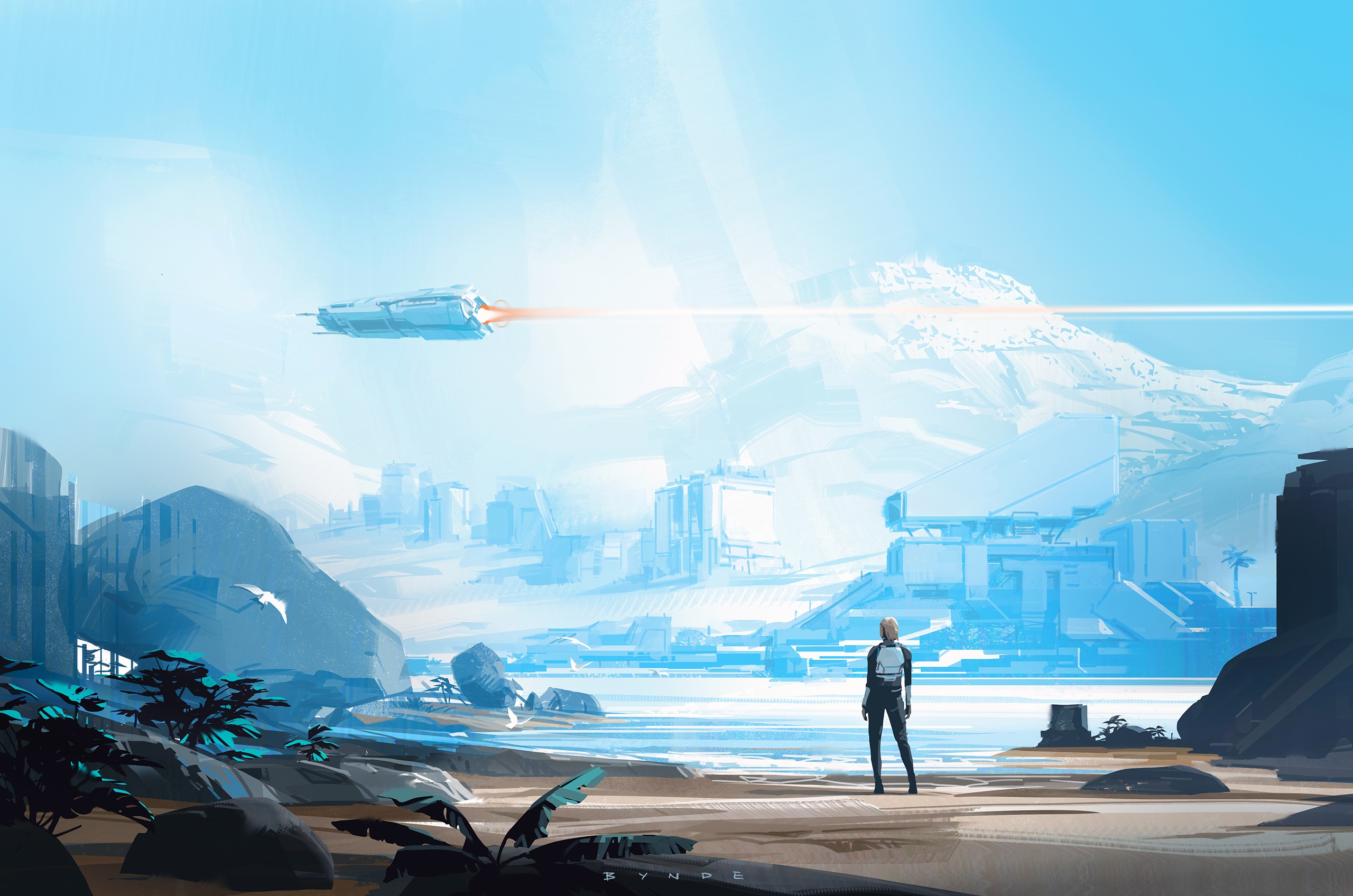 Futuristic spaceship flies over a bay with a person watching HD Wallpaper