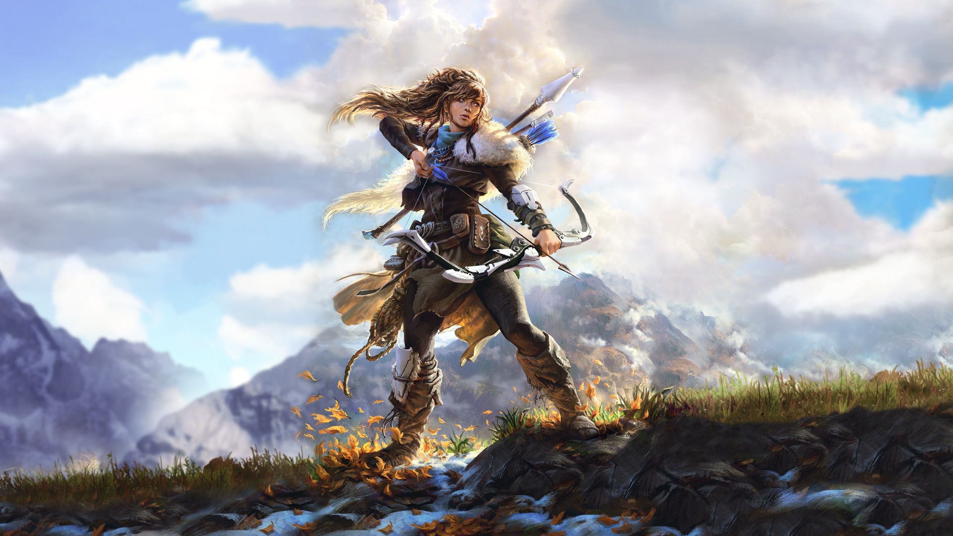 Aloy with a bow and arrow in a mountainous landscape HD Wallpaper