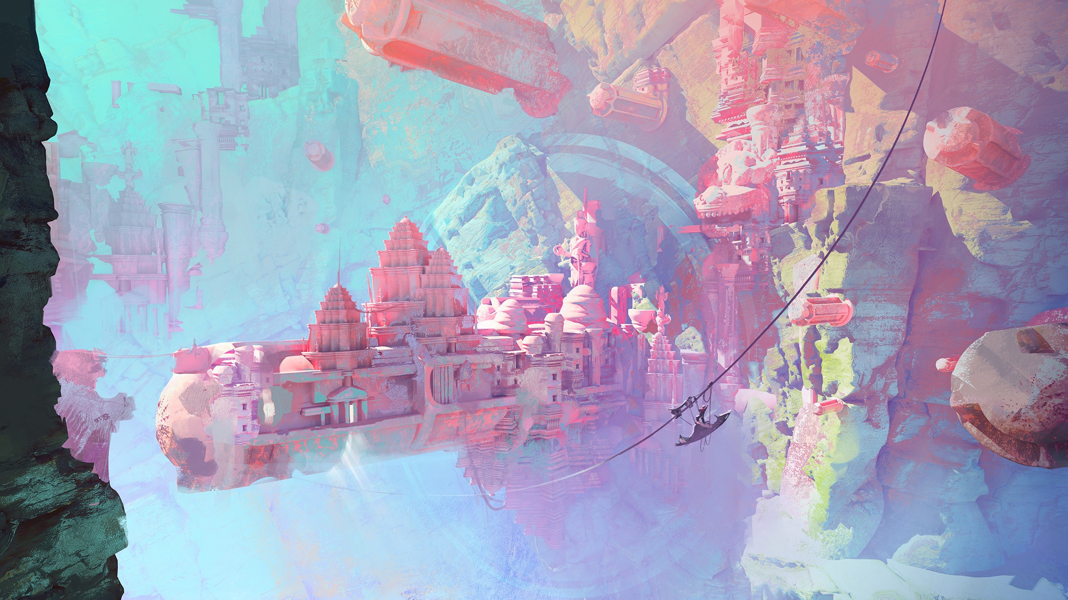 Futuristic city with ancient architecture and zip line HD Wallpaper