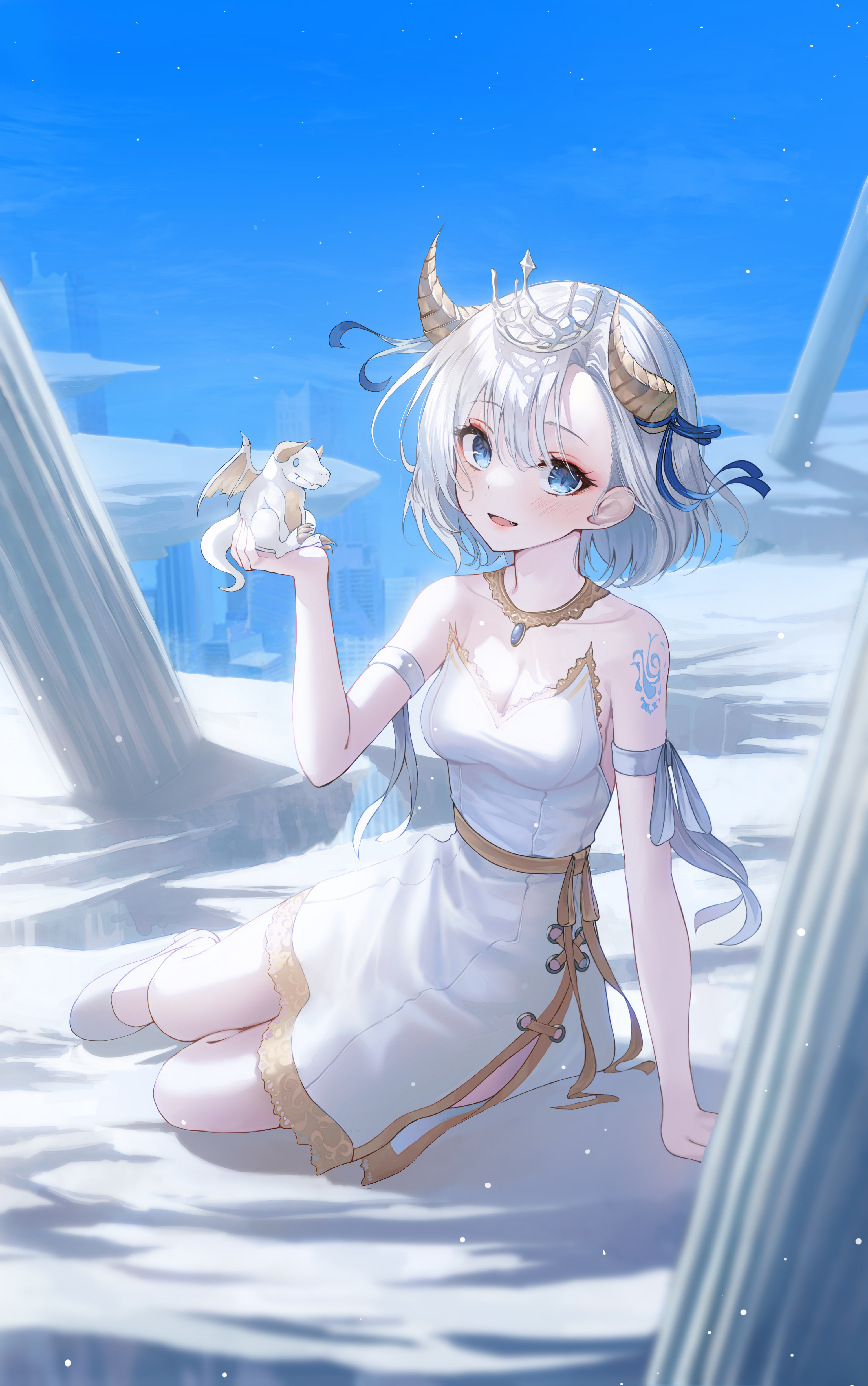 Anime girl with horns and dragon in snowy ruins HD Phone Wallpaper