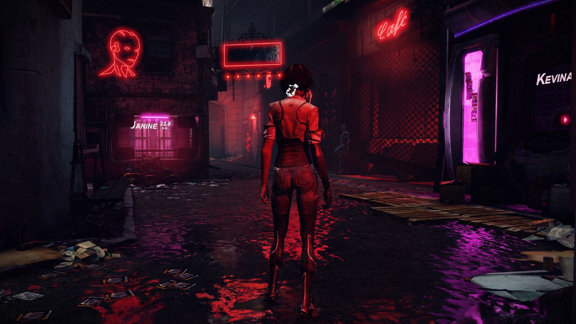Nilin in a neon-lit cyberpunk city street HD Wallpaper