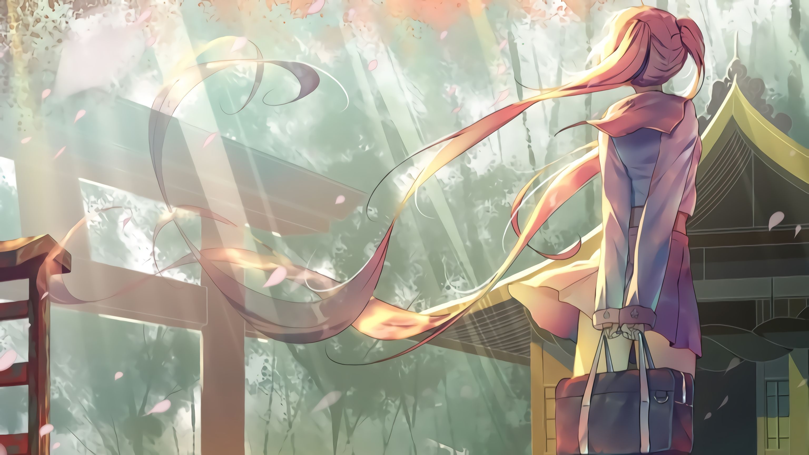 Anime girl in school uniform with a bag HD Wallpaper