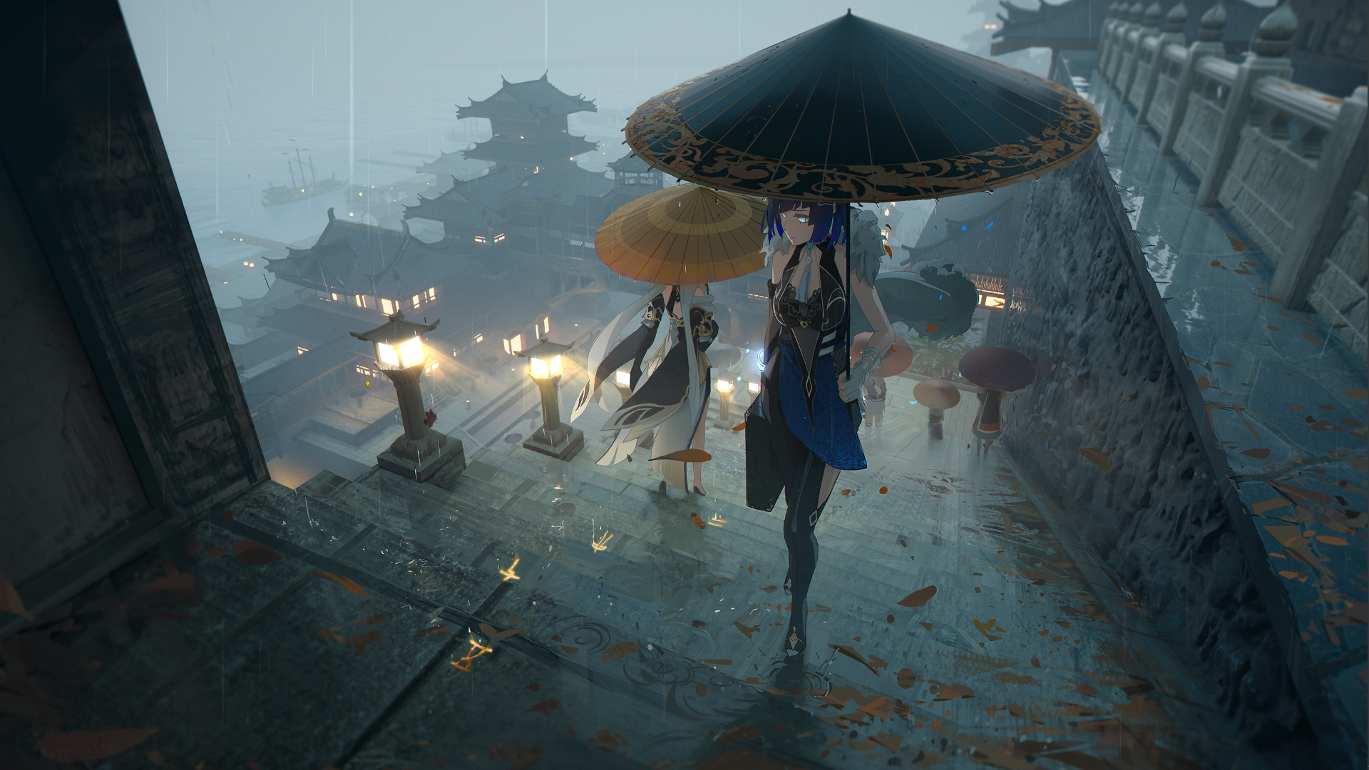 Yelan and Ningguang under umbrellas in Liyue Harbor during rain HD Wallpaper