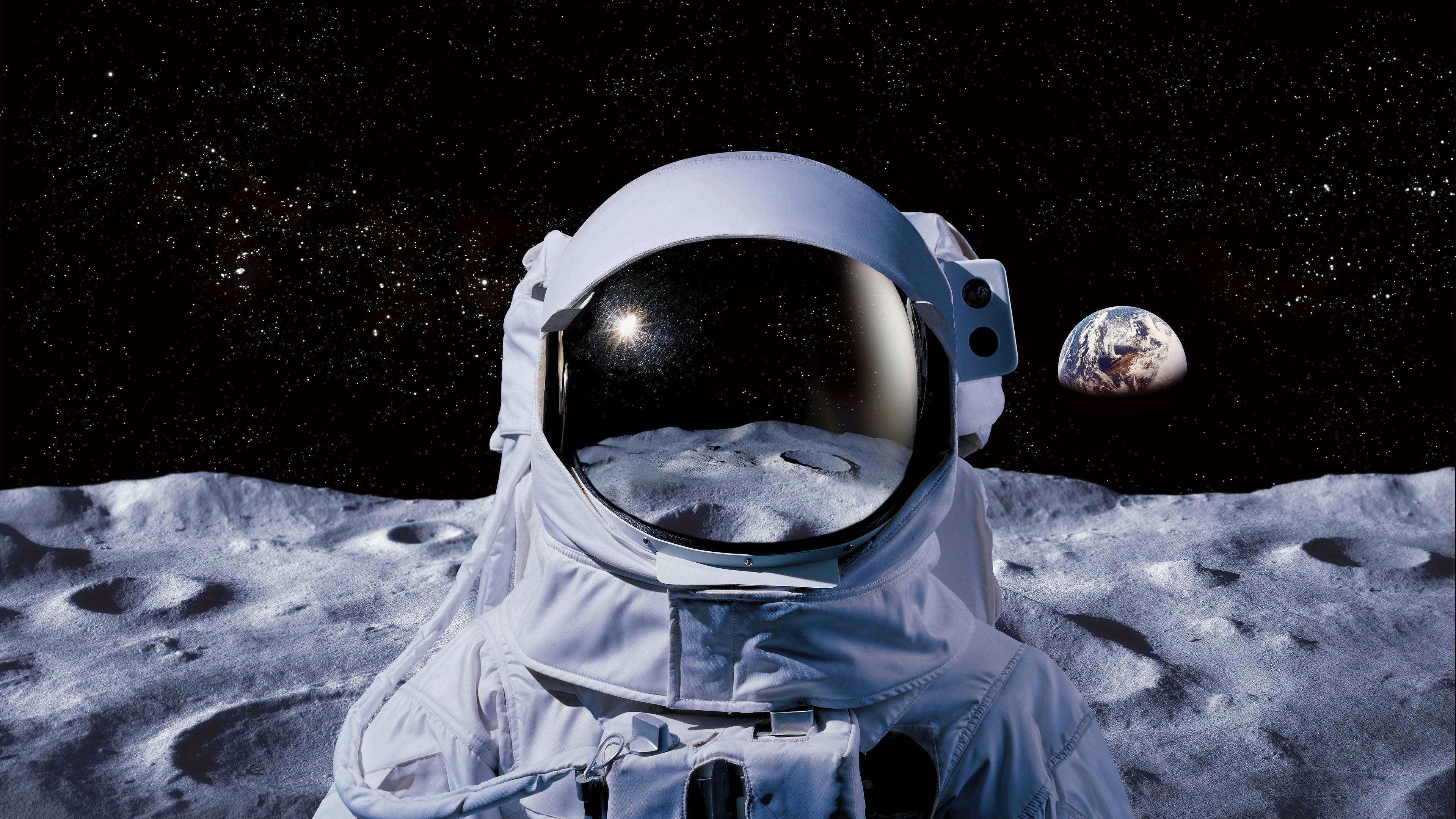 Astronaut on the Moon with Earth in the Background HD Wallpaper