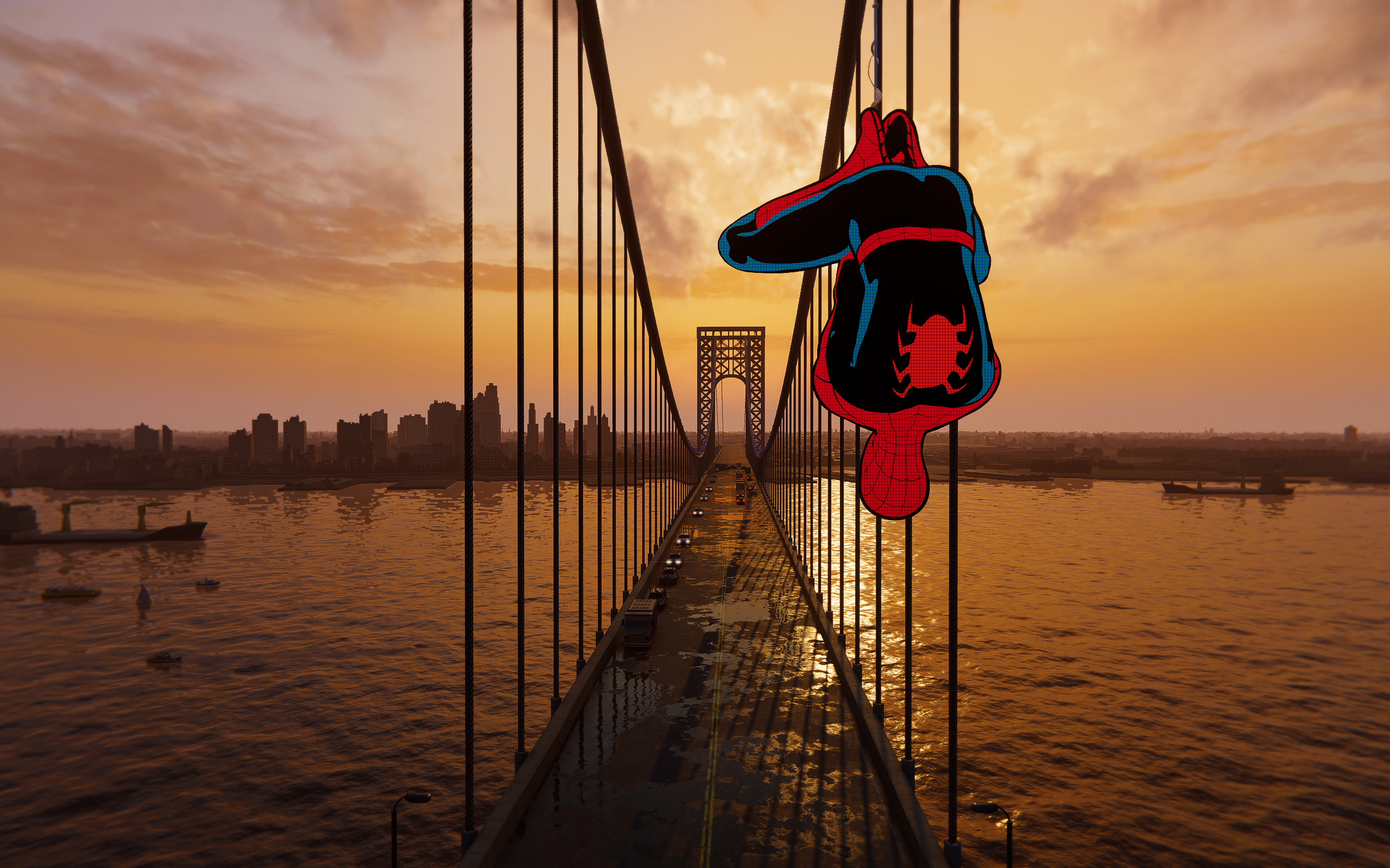 Spider-Man hanging from a bridge at sunset HD Wallpaper