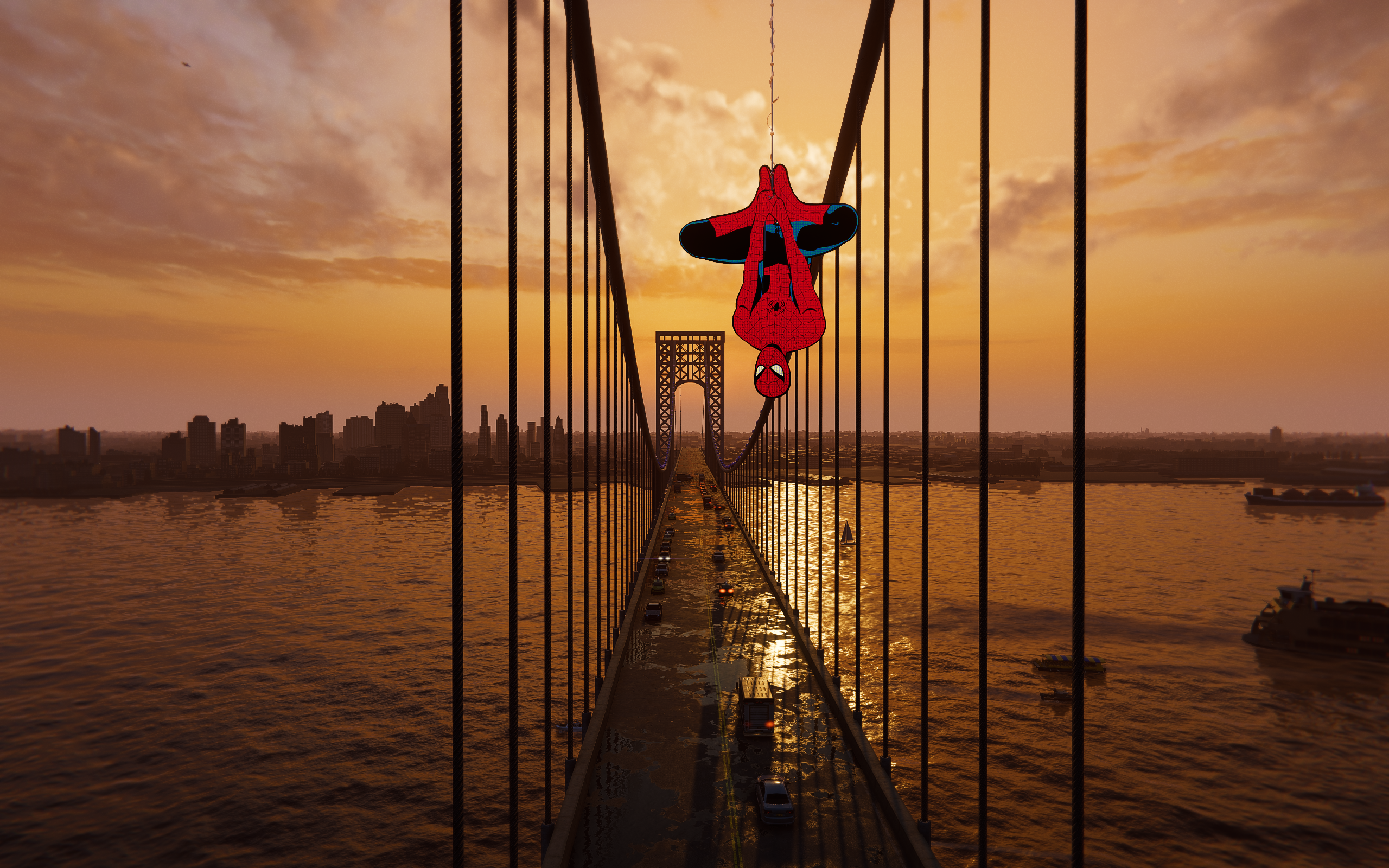 Spider-Man hanging upside down on a bridge at sunset HD Wallpaper