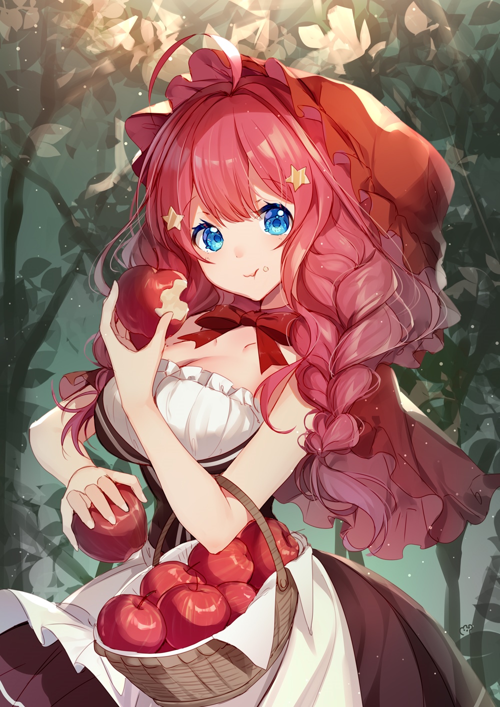 Anime girl in red hood eating apples HD Phone Wallpaper