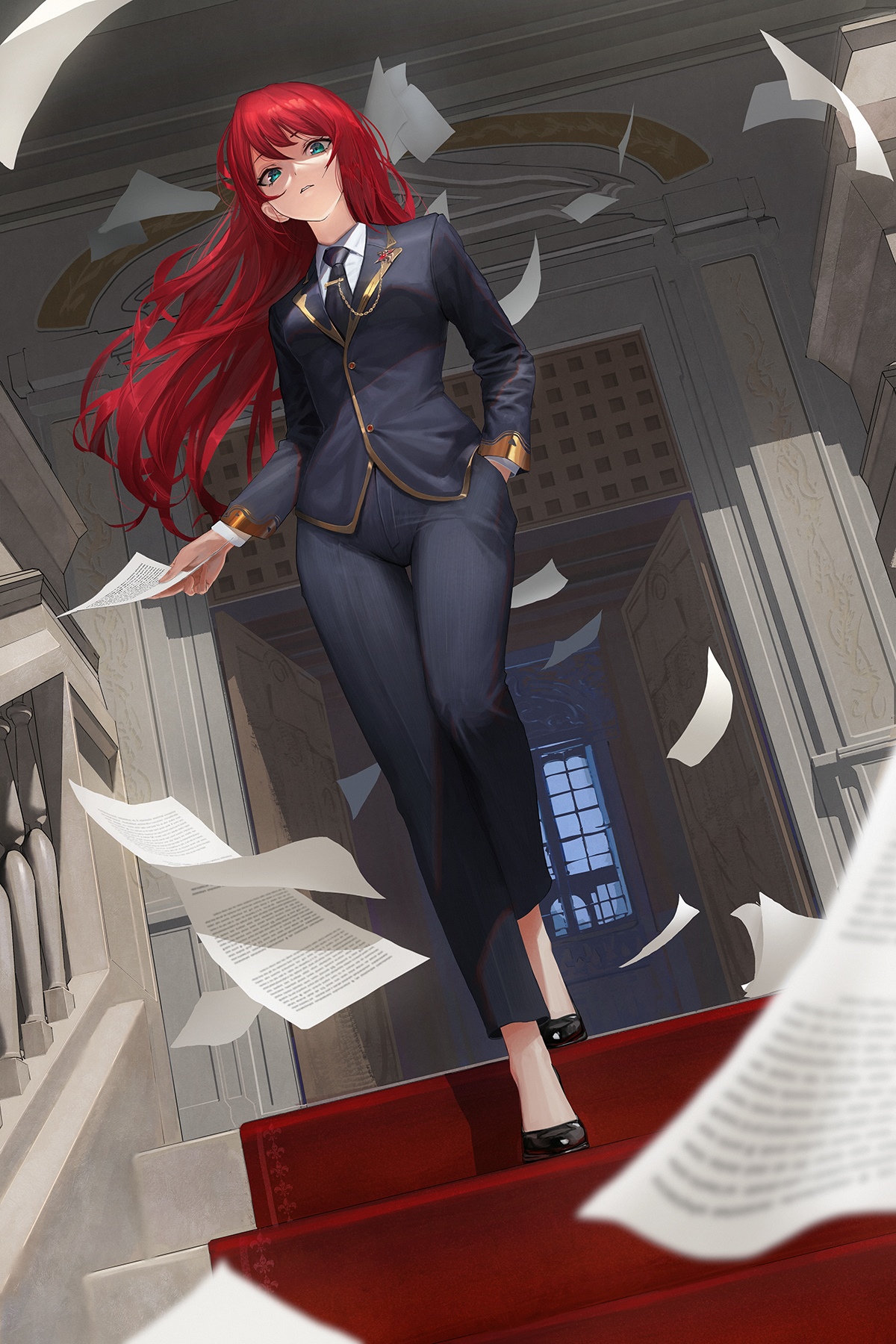 Anime girl in suit with red hair and papers HD Phone Wallpaper