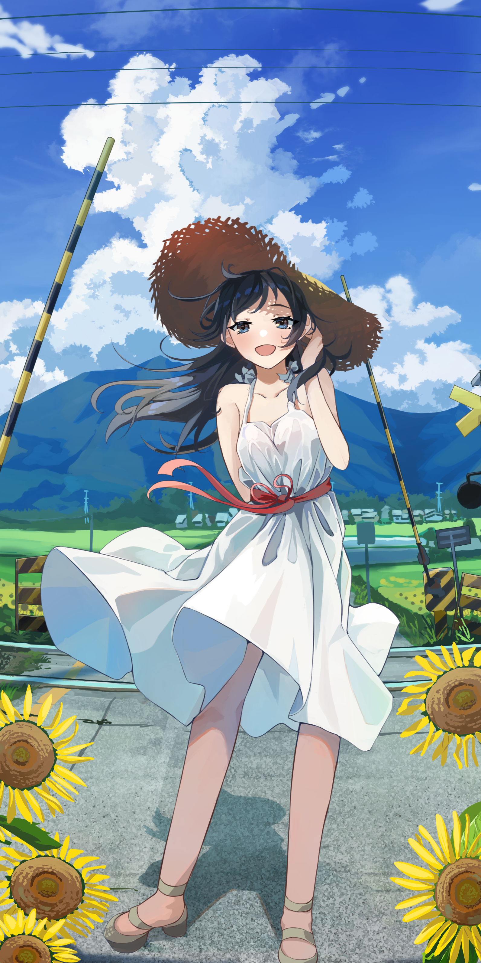 Girl in a straw hat with sunflowers at a train crossing HD Phone Wallpaper