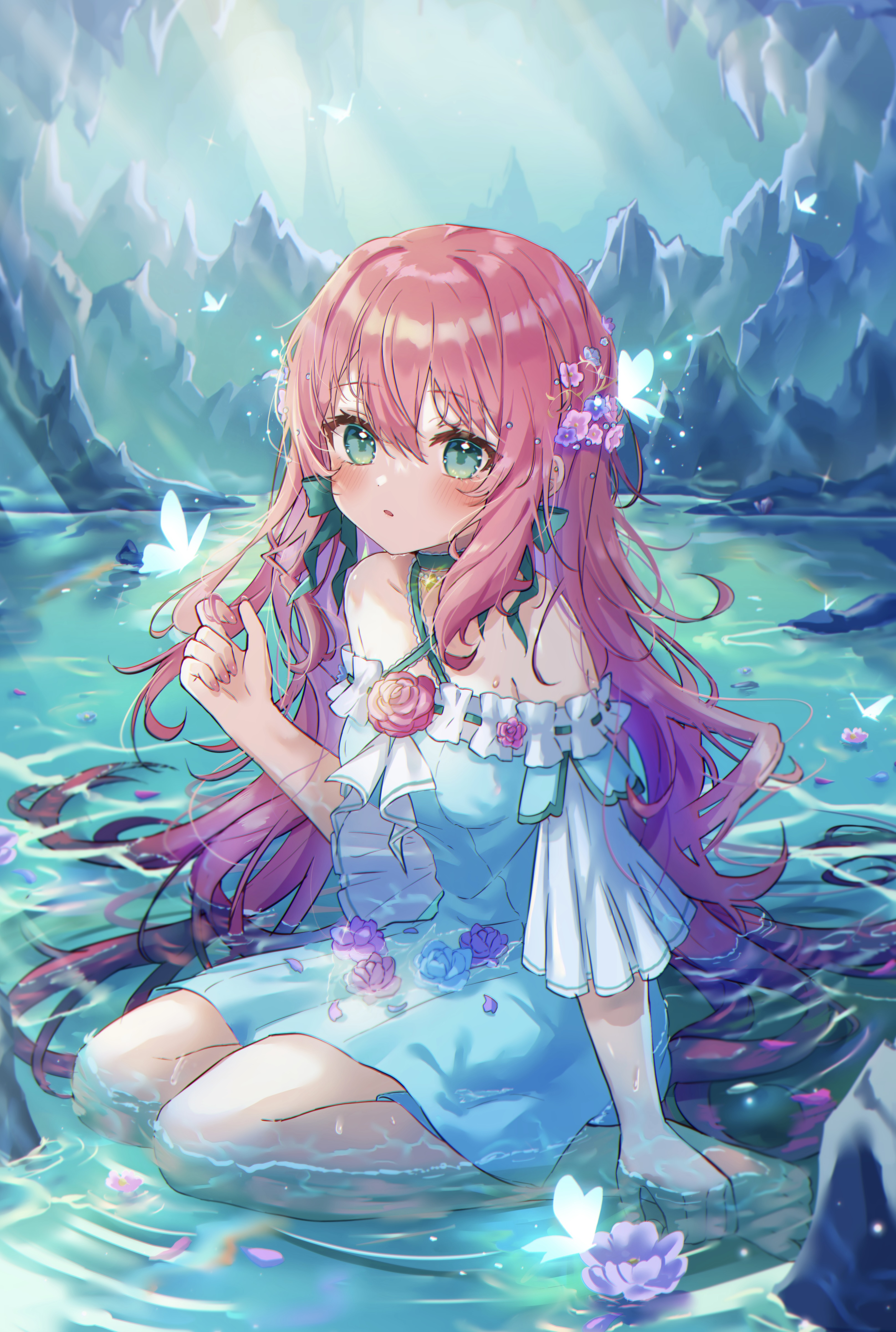 Anime girl with pink hair sitting in water with butterflies HD Phone Wallpaper