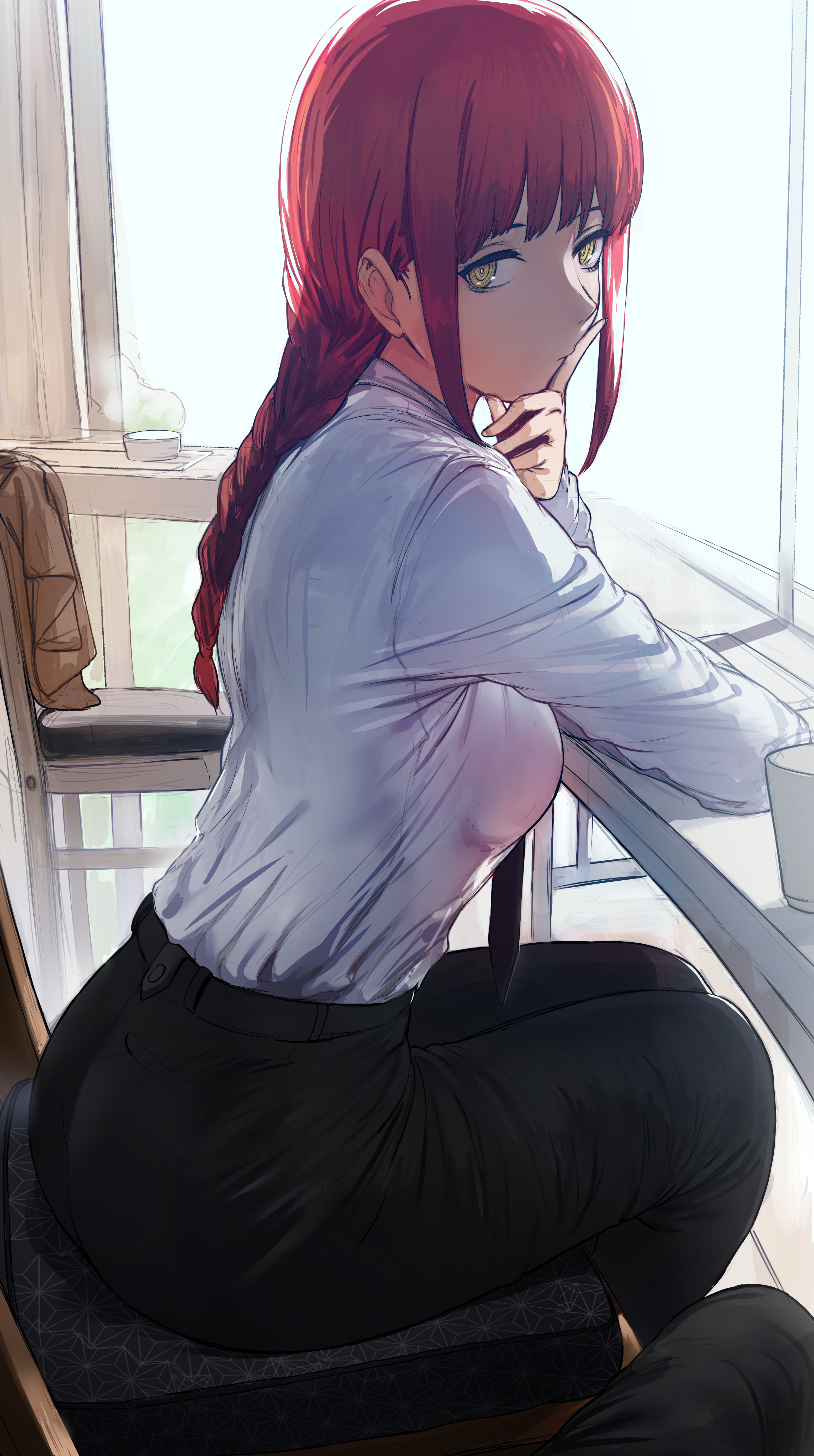 Makima from Chainsaw Man sitting by a window HD Phone Wallpaper