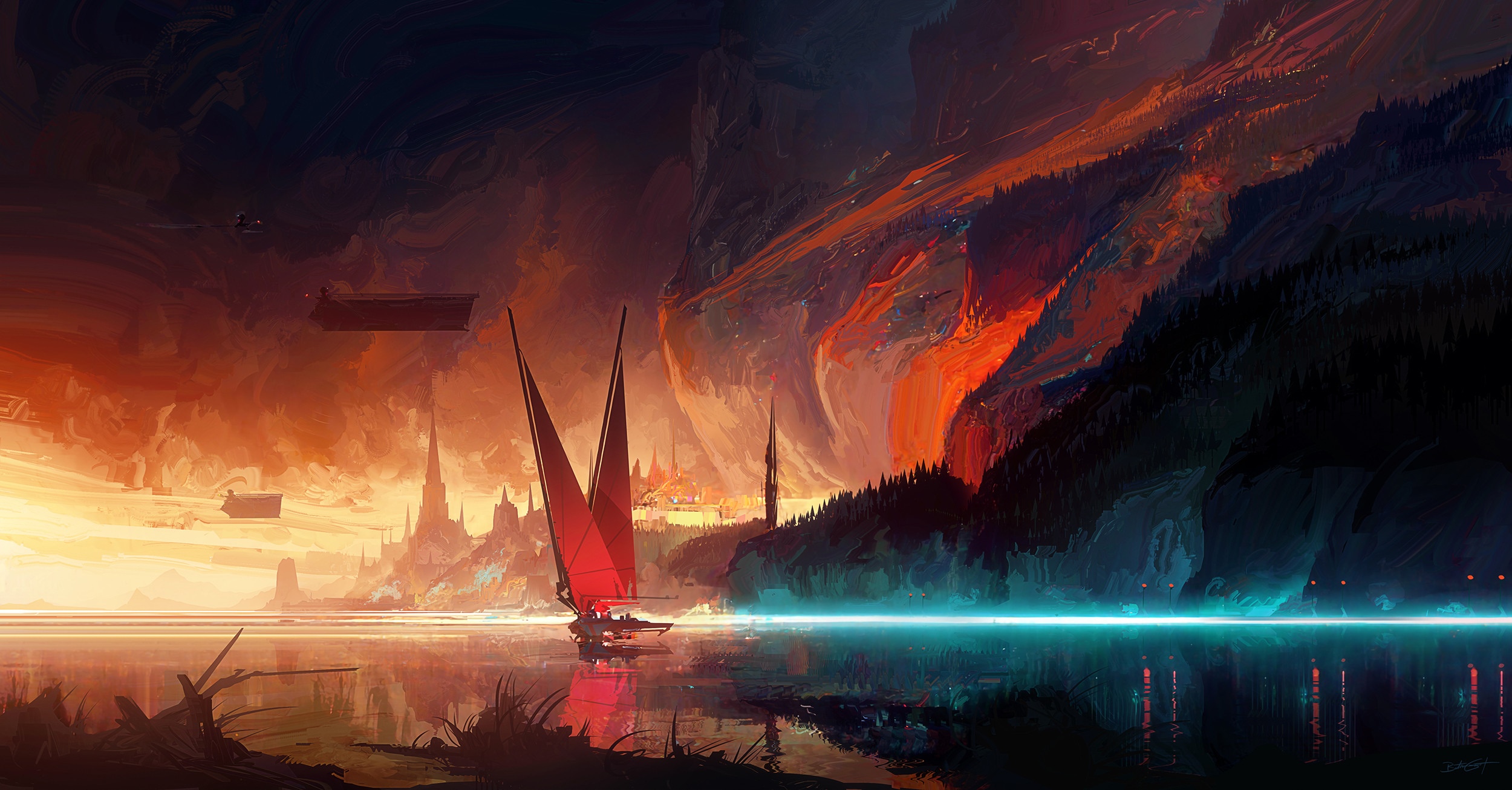 Bastien Grivet's Sci-Fi Landscape with Sailboat and City HD Wallpaper