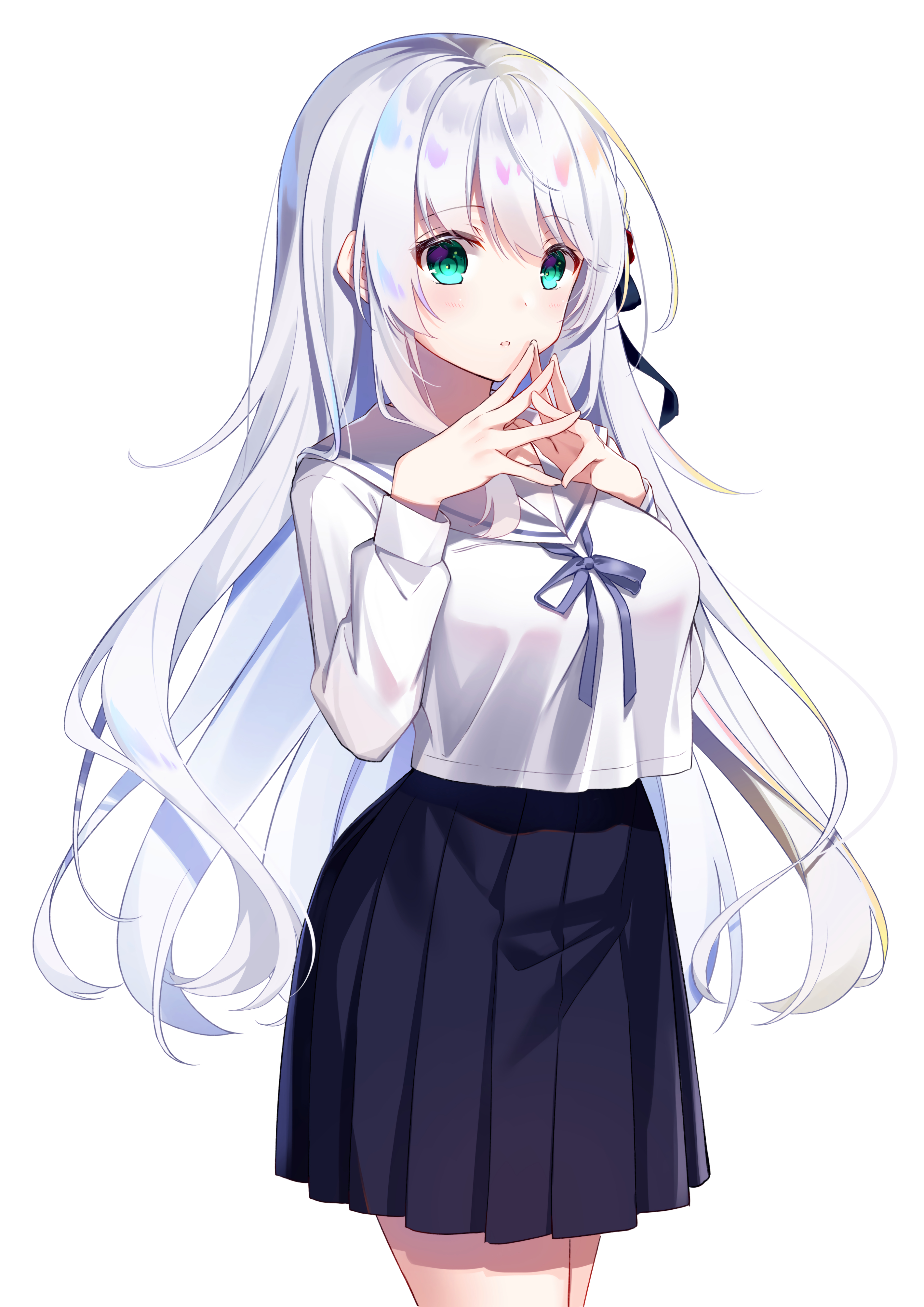 Anime girl with white hair in school uniform HD Phone Wallpaper