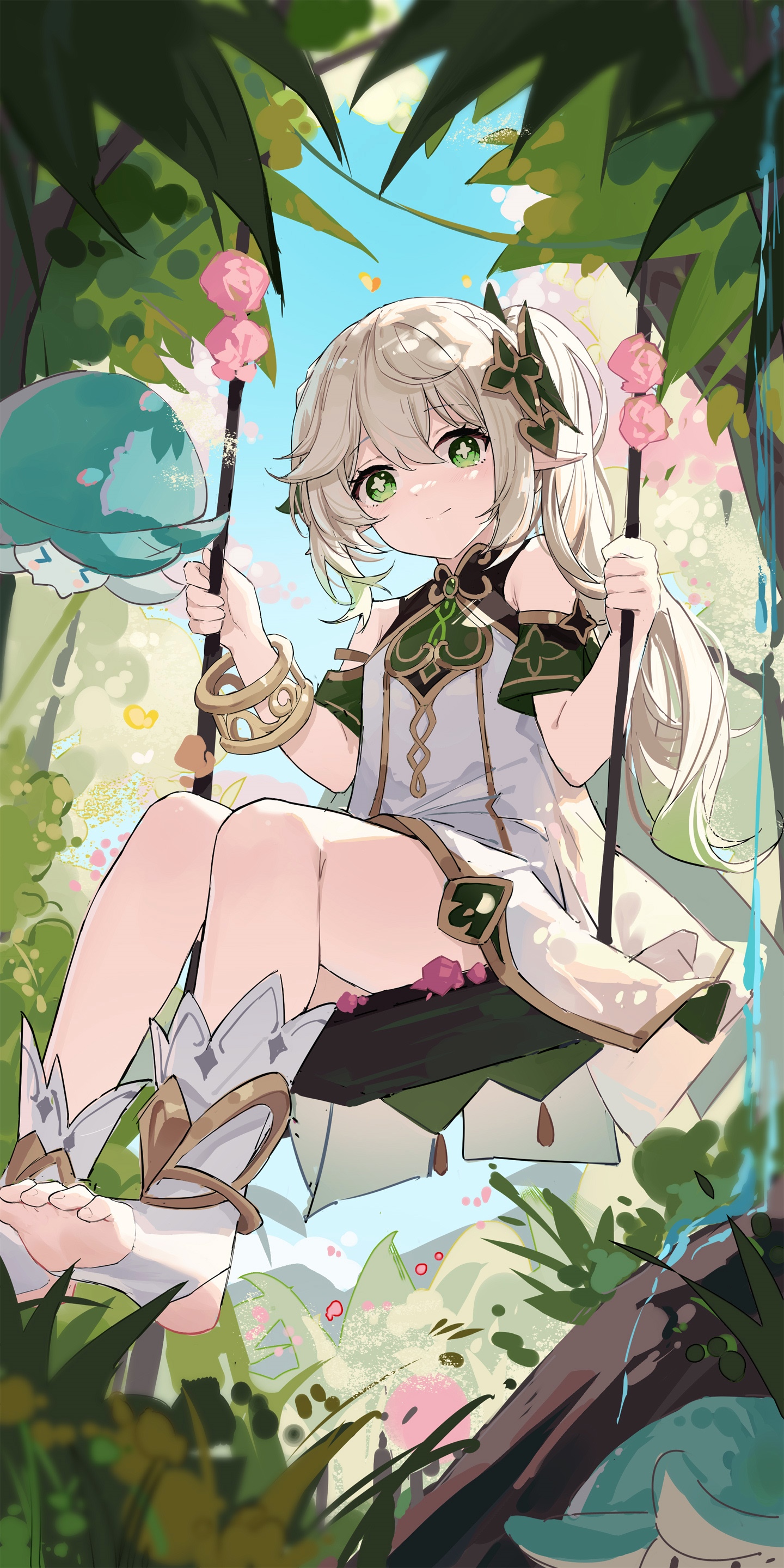Genshin Impact Elf Girl on a Swing in Forest HD Phone Wallpaper