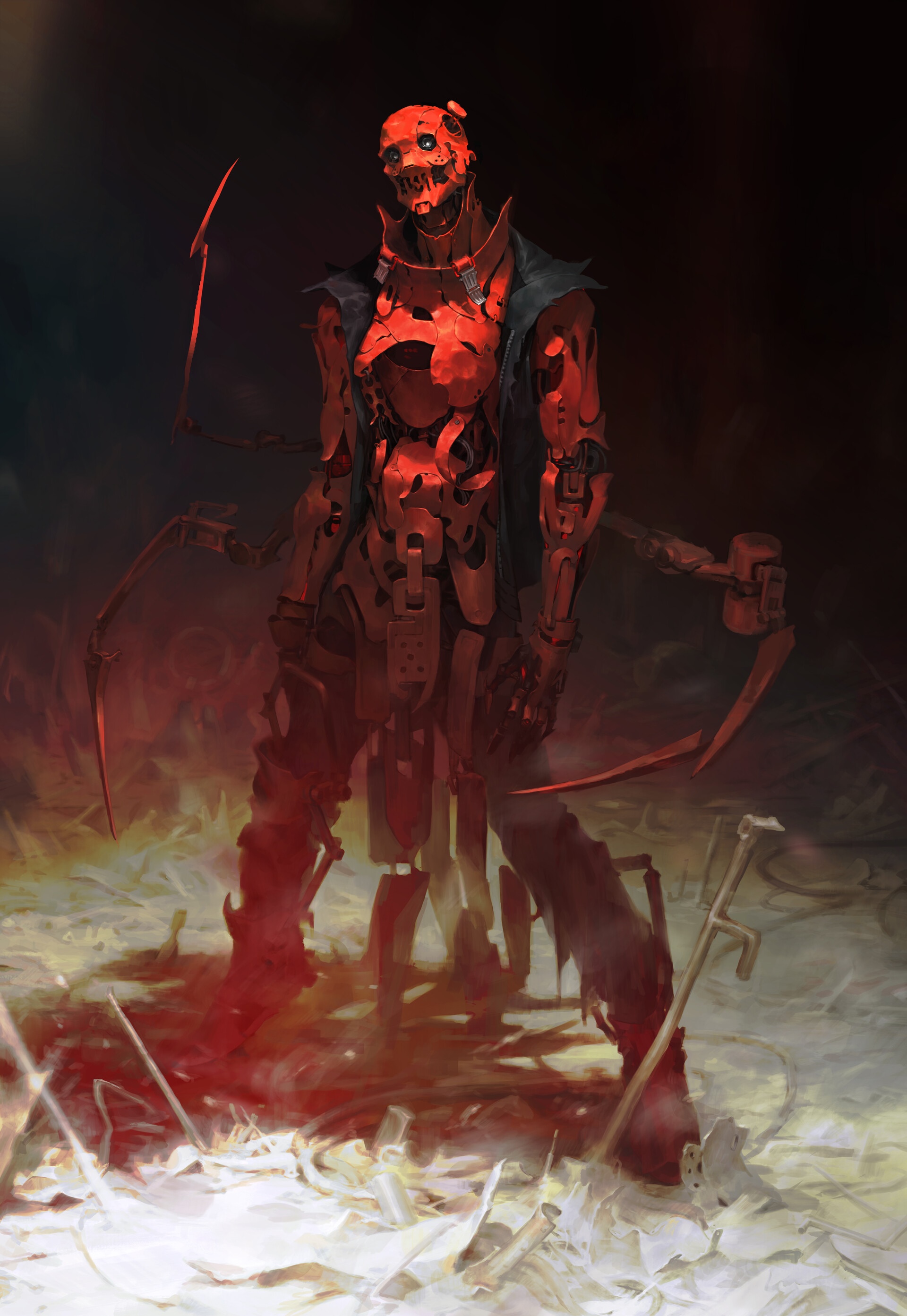 Red Robot with Scythes by Jeongmin Lee HD Phone Wallpaper