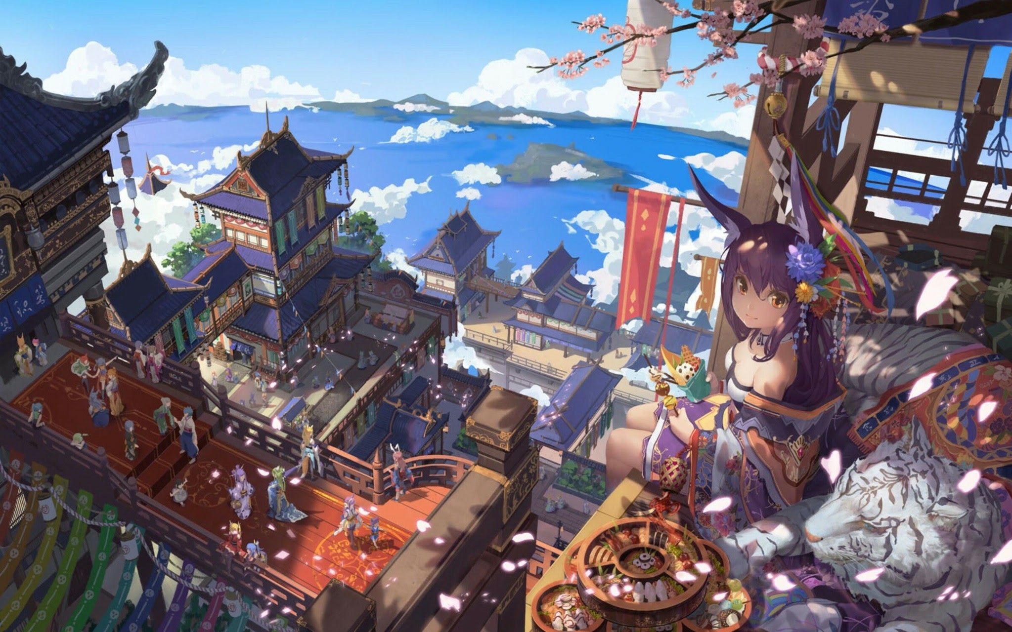 Anime girl with animal ears and tiger in a Japanese city HD Wallpaper