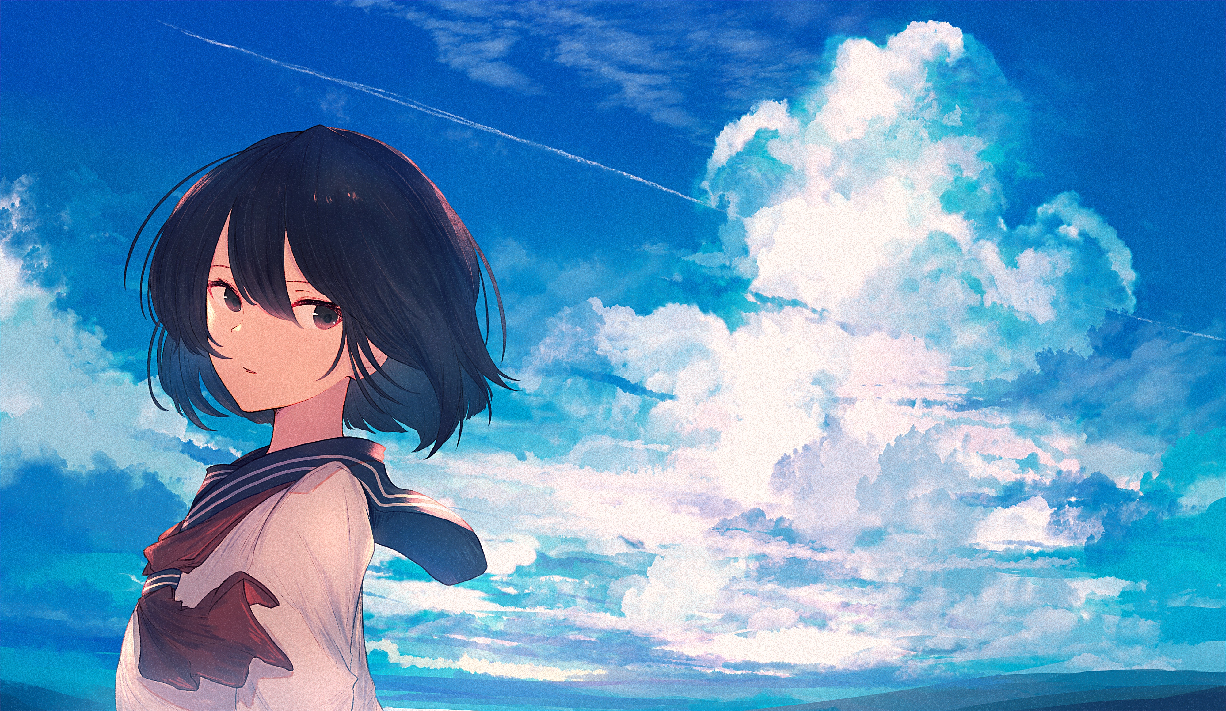 Schoolgirl in uniform against a cloudy blue sky HD Wallpaper