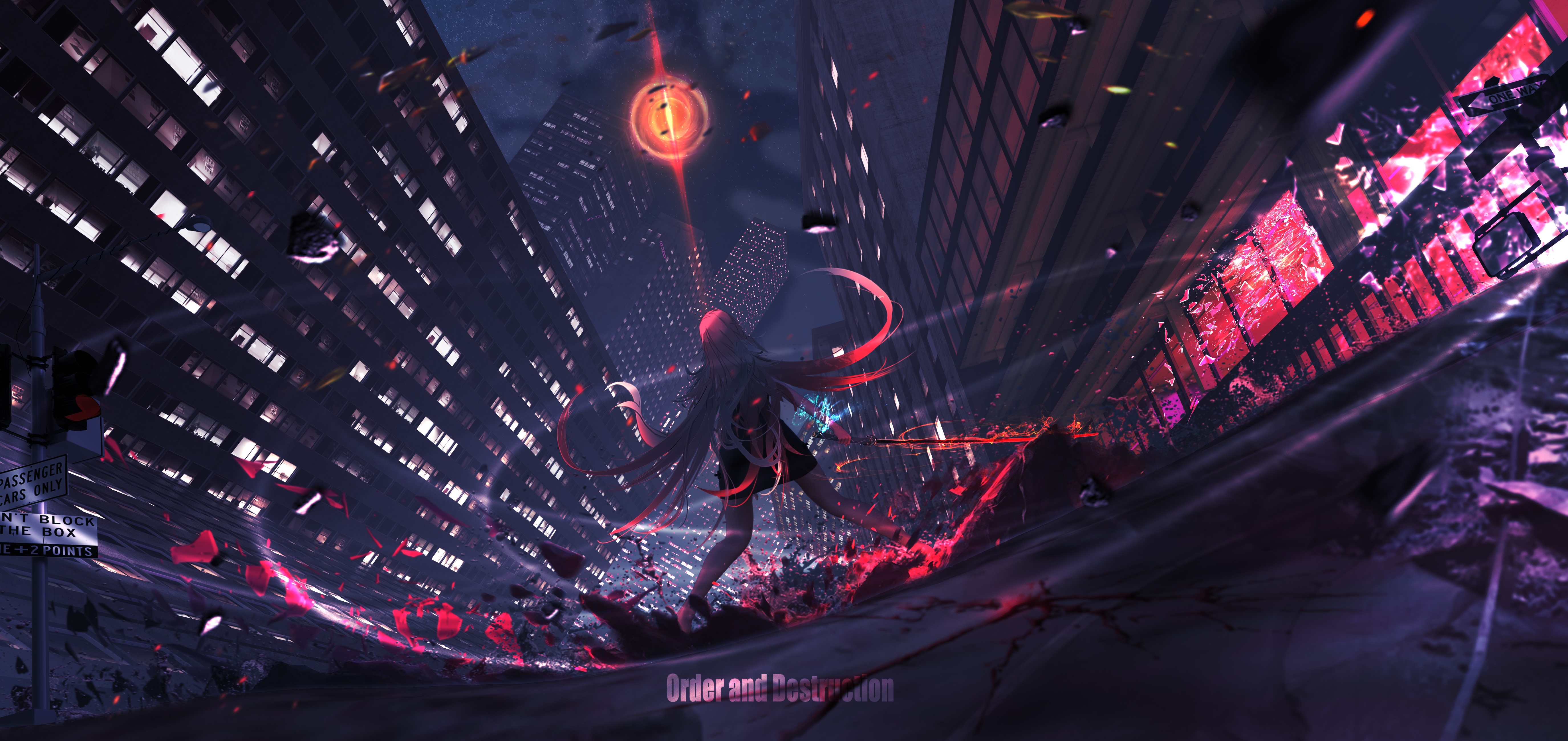 4K Futuristic City with a Woman and a Red Orb HD Wallpaper