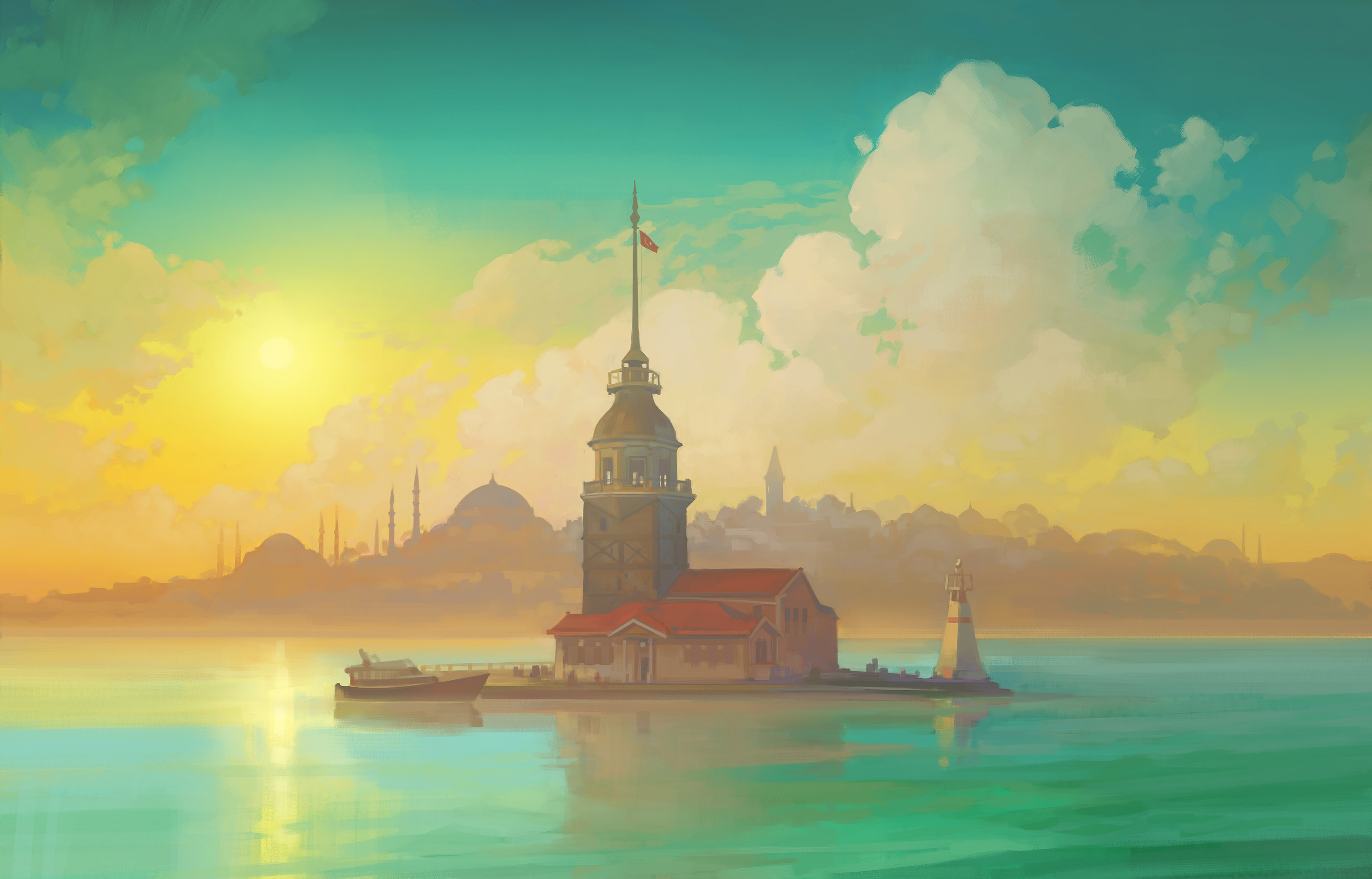 Maiden's Tower in Istanbul at Sunrise HD Wallpaper