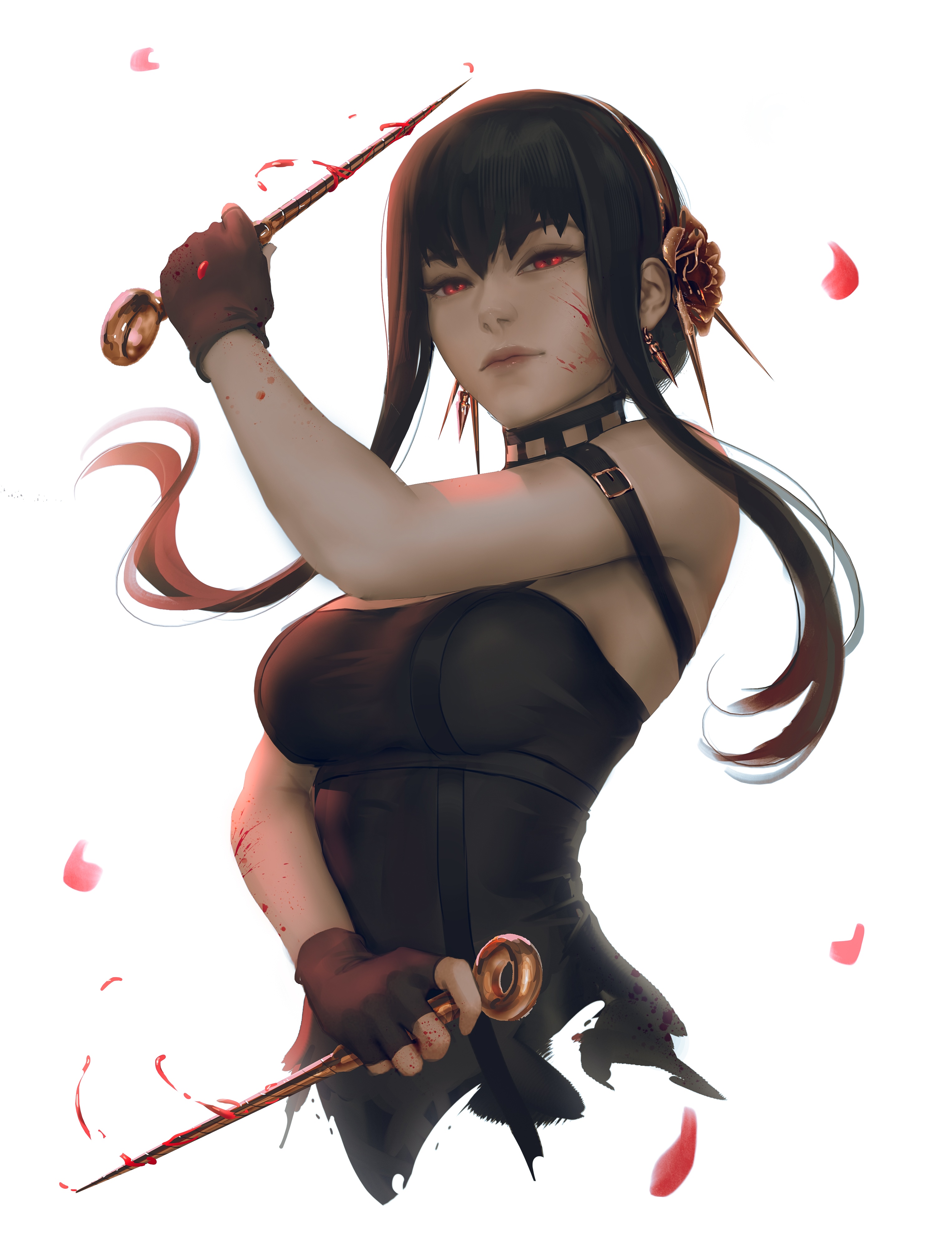 Yor Forger with daggers and red petals HD Phone Wallpaper