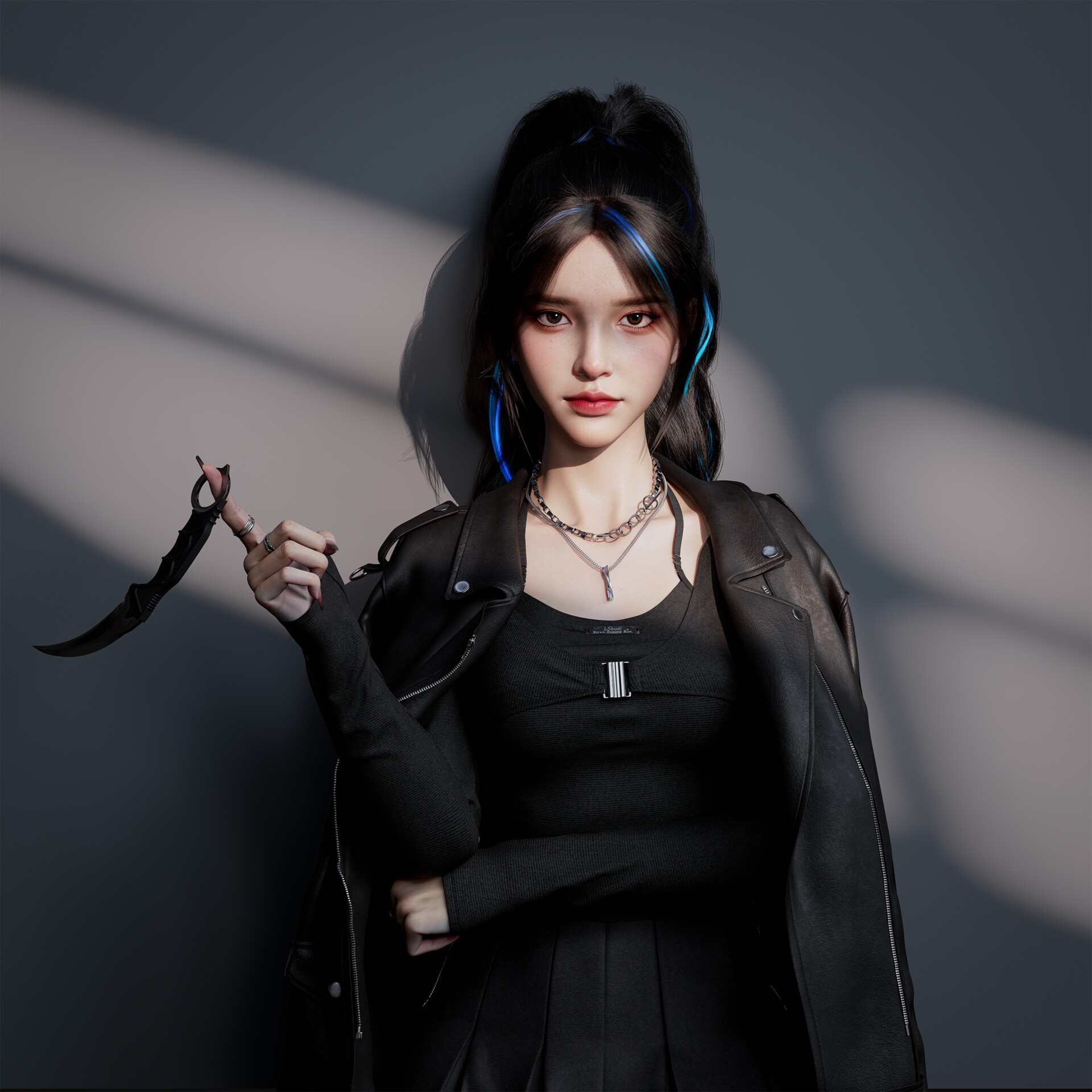 Woman in black leather jacket holding a knife HD Wallpaper