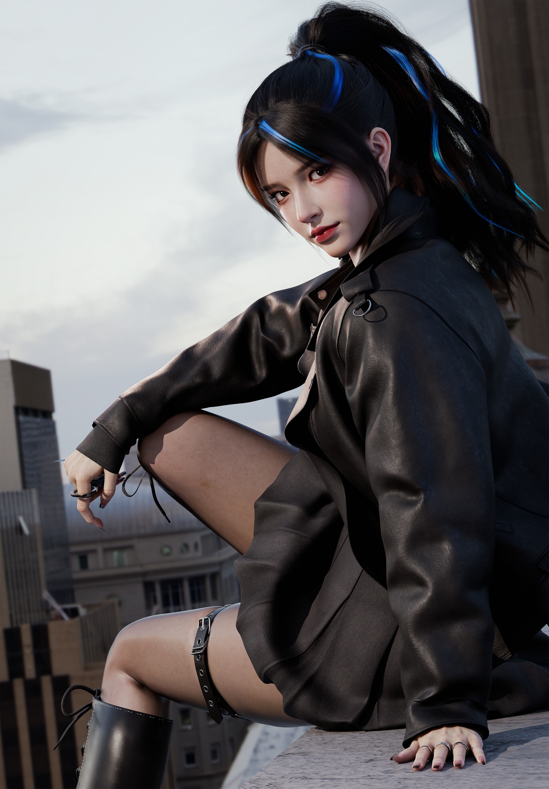 Shuai Liu in a black leather jacket on a rooftop HD Phone Wallpaper