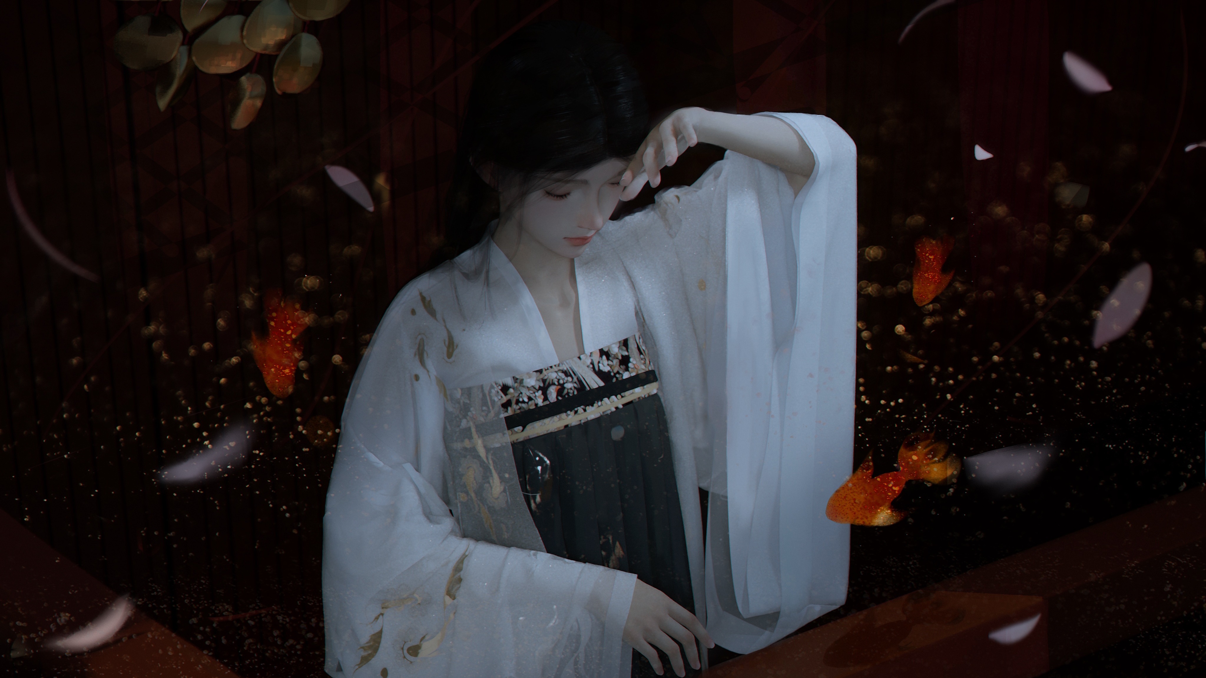 Fantasy girl in traditional Asian attire with fish HD Wallpaper