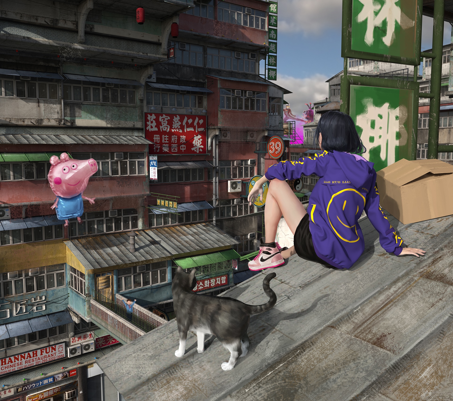 Fantasy girl and cat on a rooftop in a city HD Wallpaper