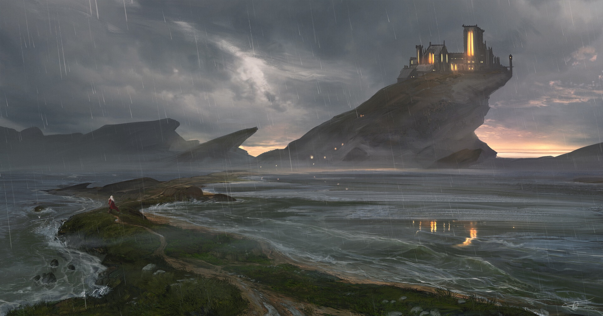 Fantasy castle on a cliff during a rainstorm HD Wallpaper