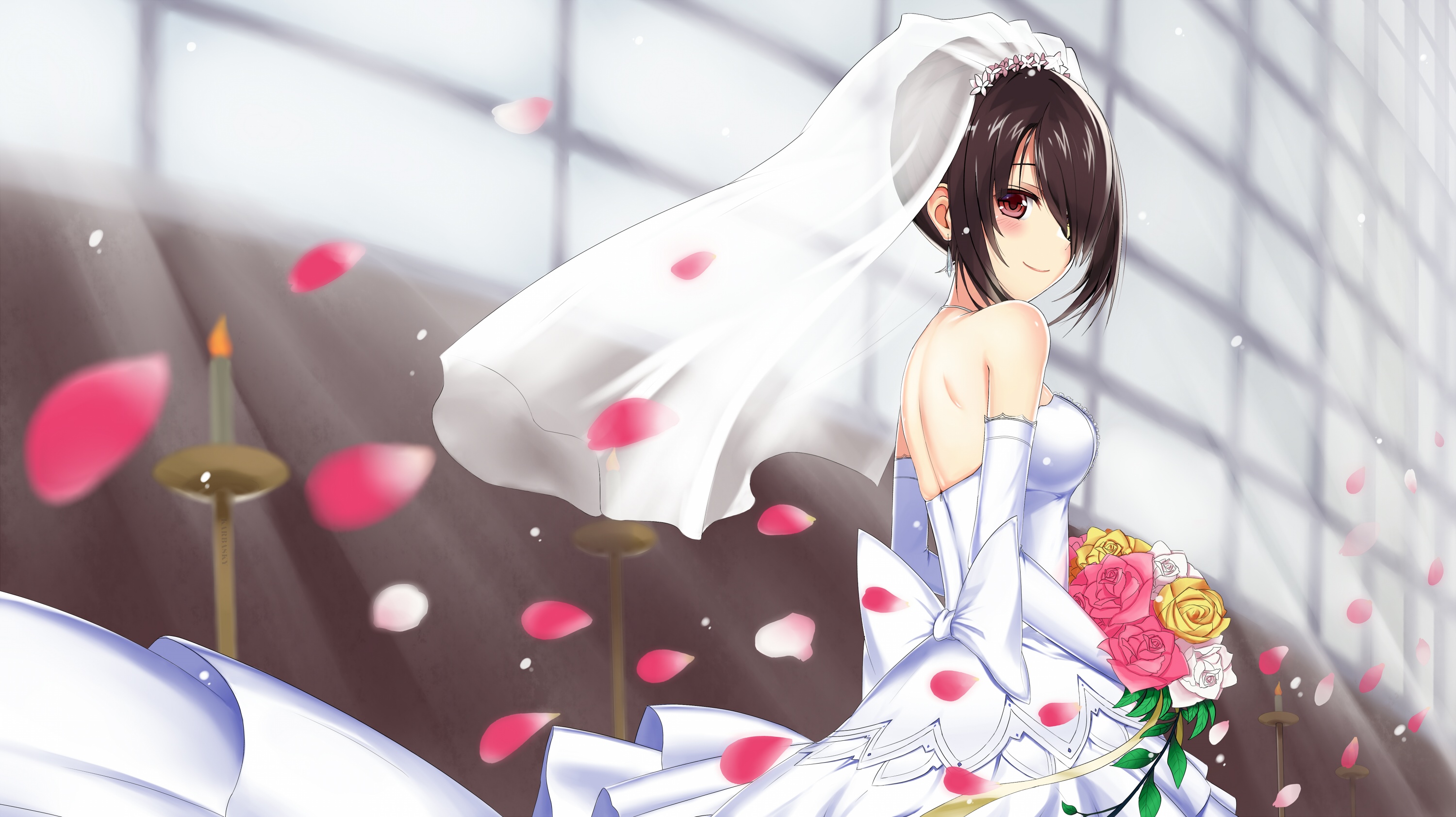 Tokisaki Kurumi in a wedding dress with flowers HD Wallpaper