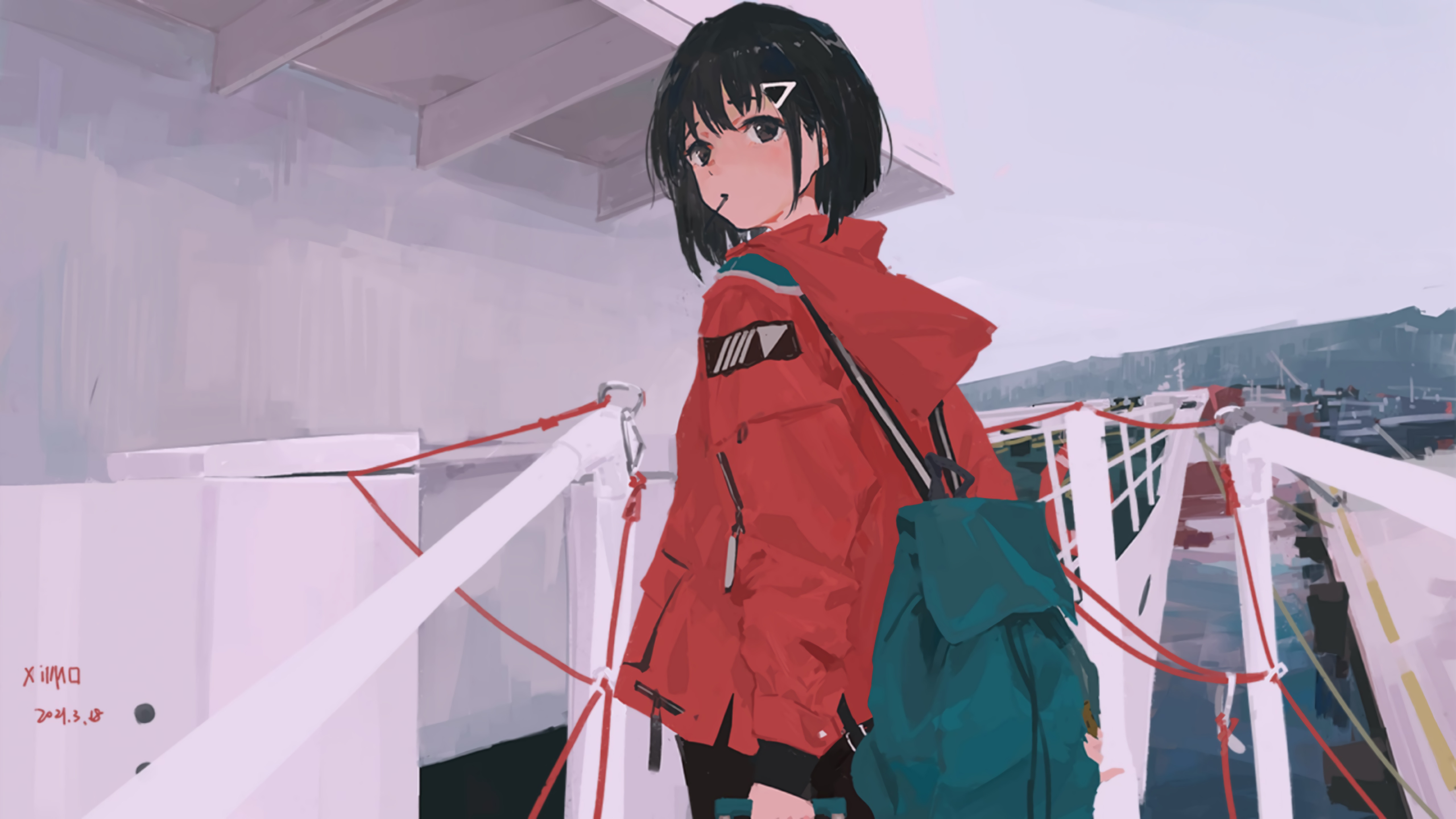 Anime girl in red jacket on a boat HD Wallpaper