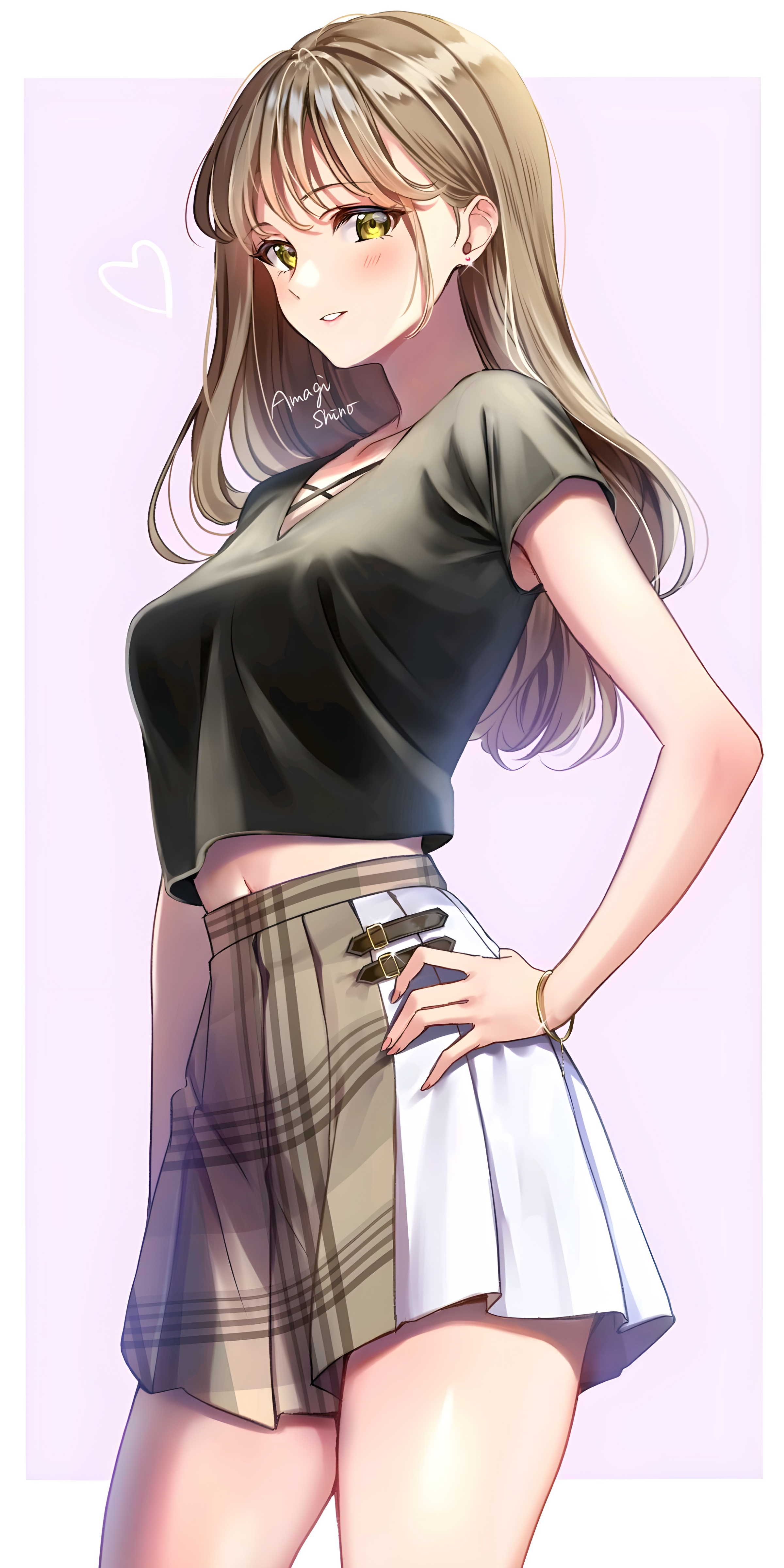 Anime girl with blonde hair wearing a crop top and skirt HD Phone Wallpaper