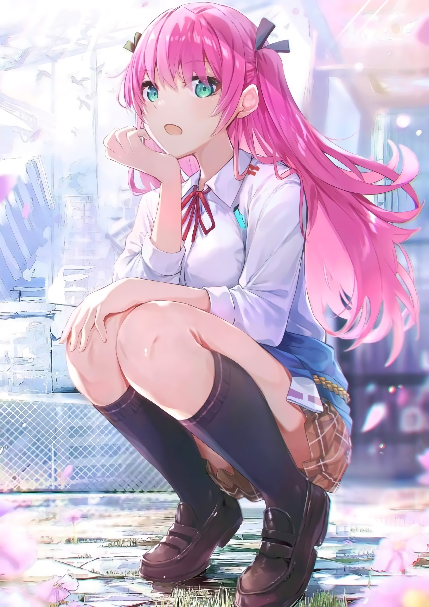 Anime girl with pink hair in a school uniform squatting HD Phone Wallpaper
