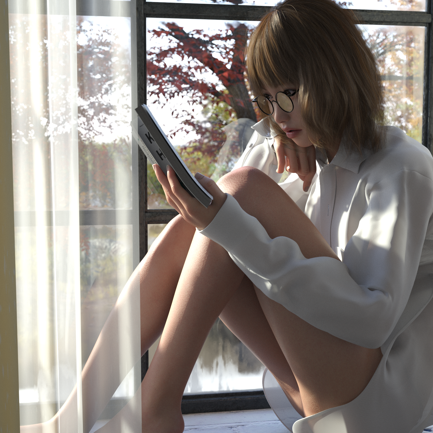 Asian woman wearing glasses reading a book HD Wallpaper