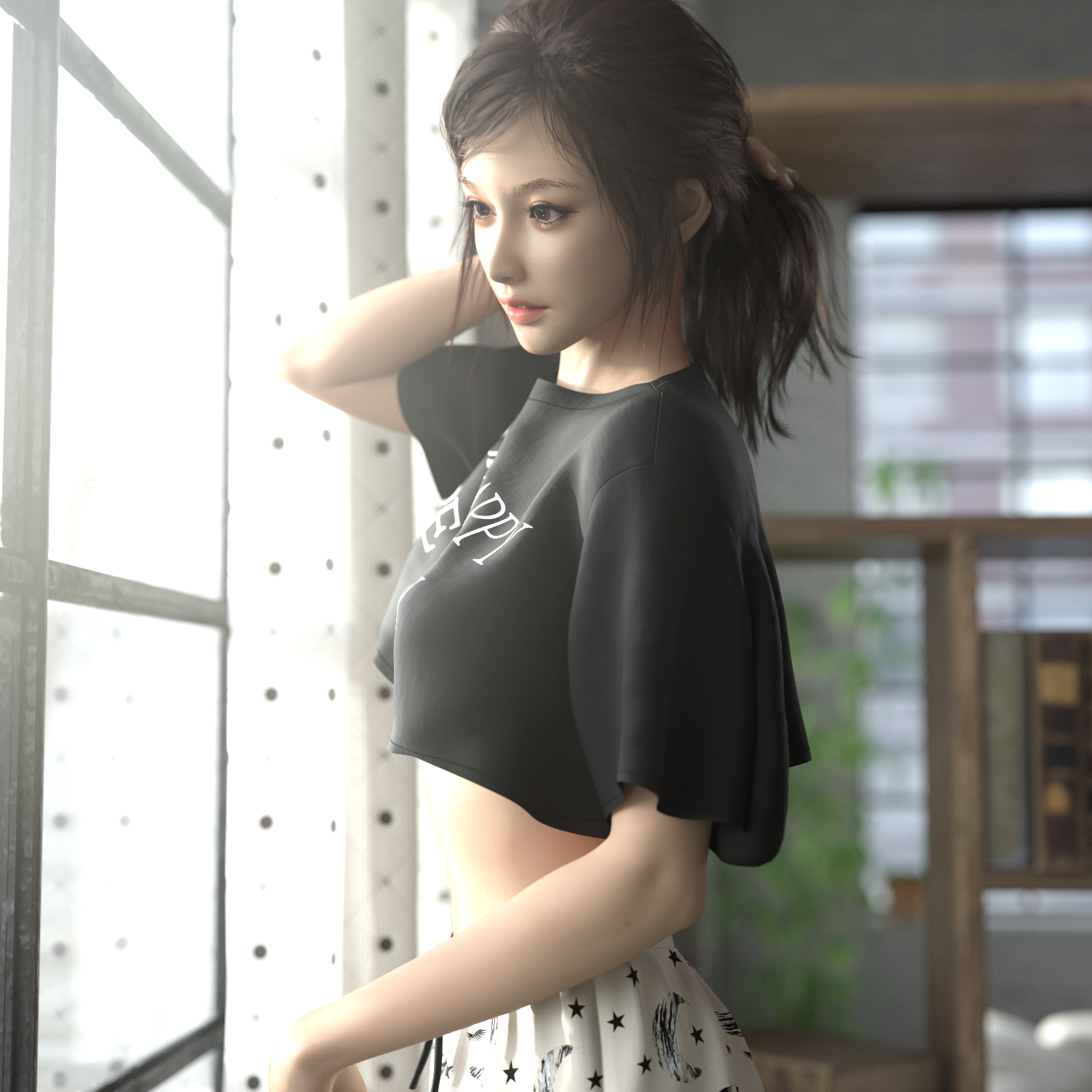 Asian woman in black crop top by the window HD Wallpaper