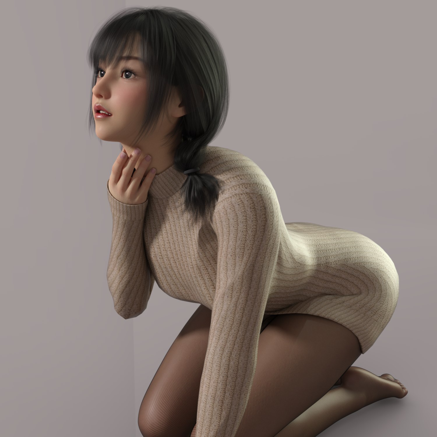 Asian woman in sweater and pantyhose kneeling HD Wallpaper