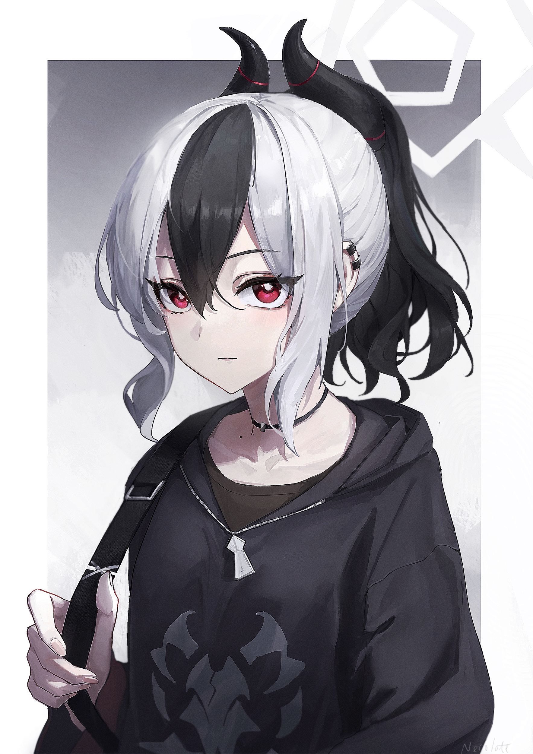 Anime girl with black and white hair and horns HD Phone Wallpaper
