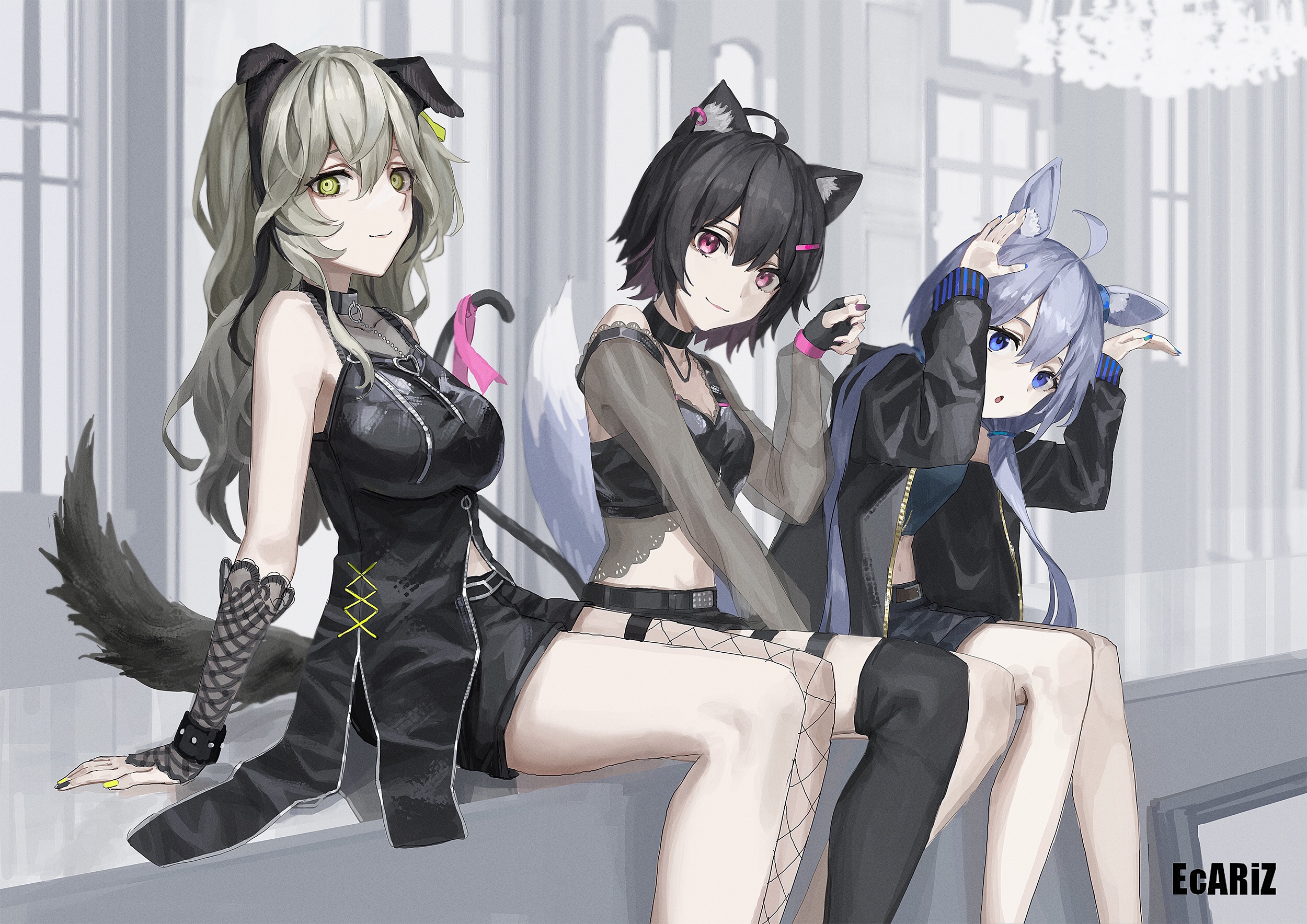 Three anime girls with animal ears and tails HD Wallpaper