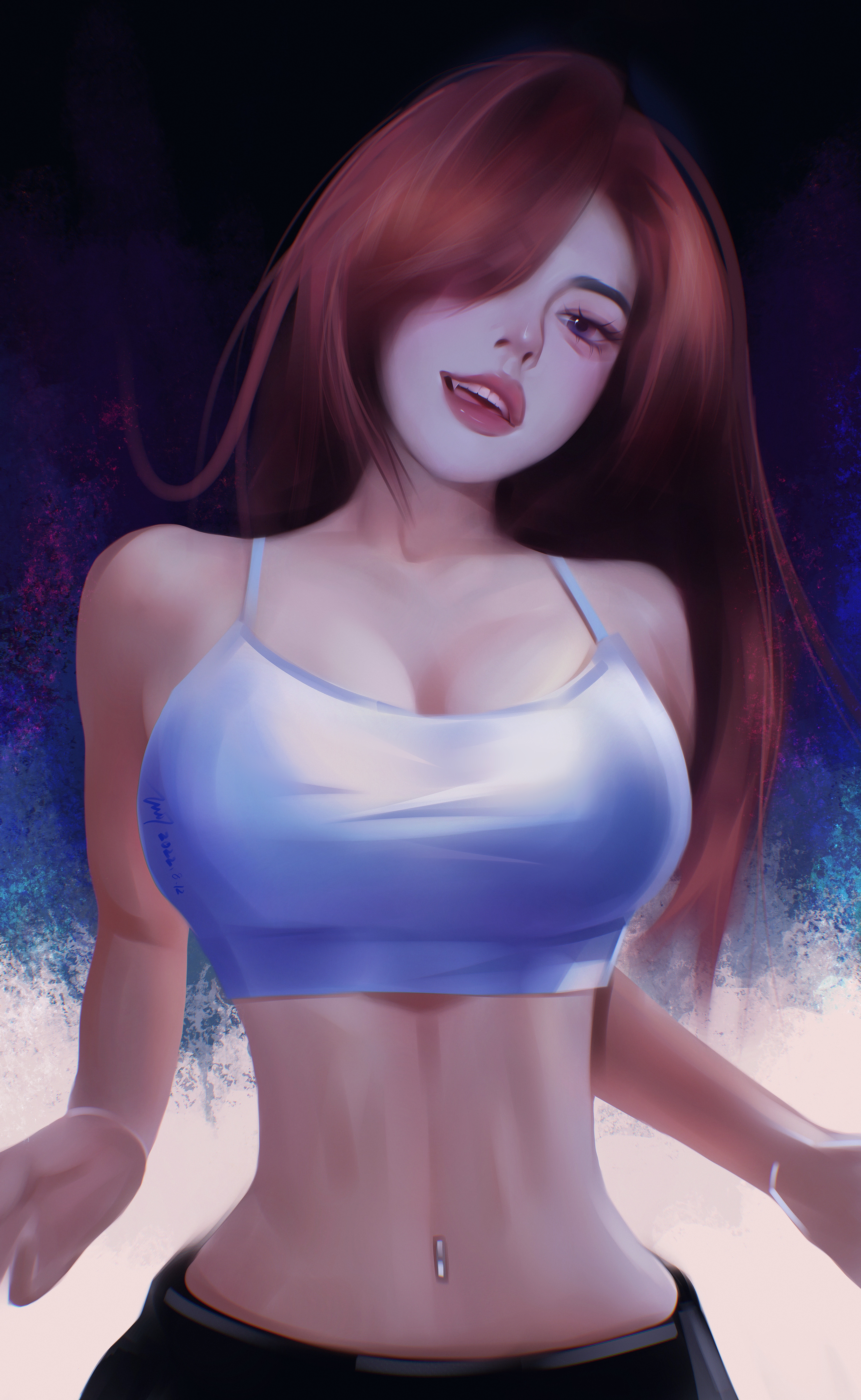 Fantasy girl with red hair in a tank top HD Phone Wallpaper