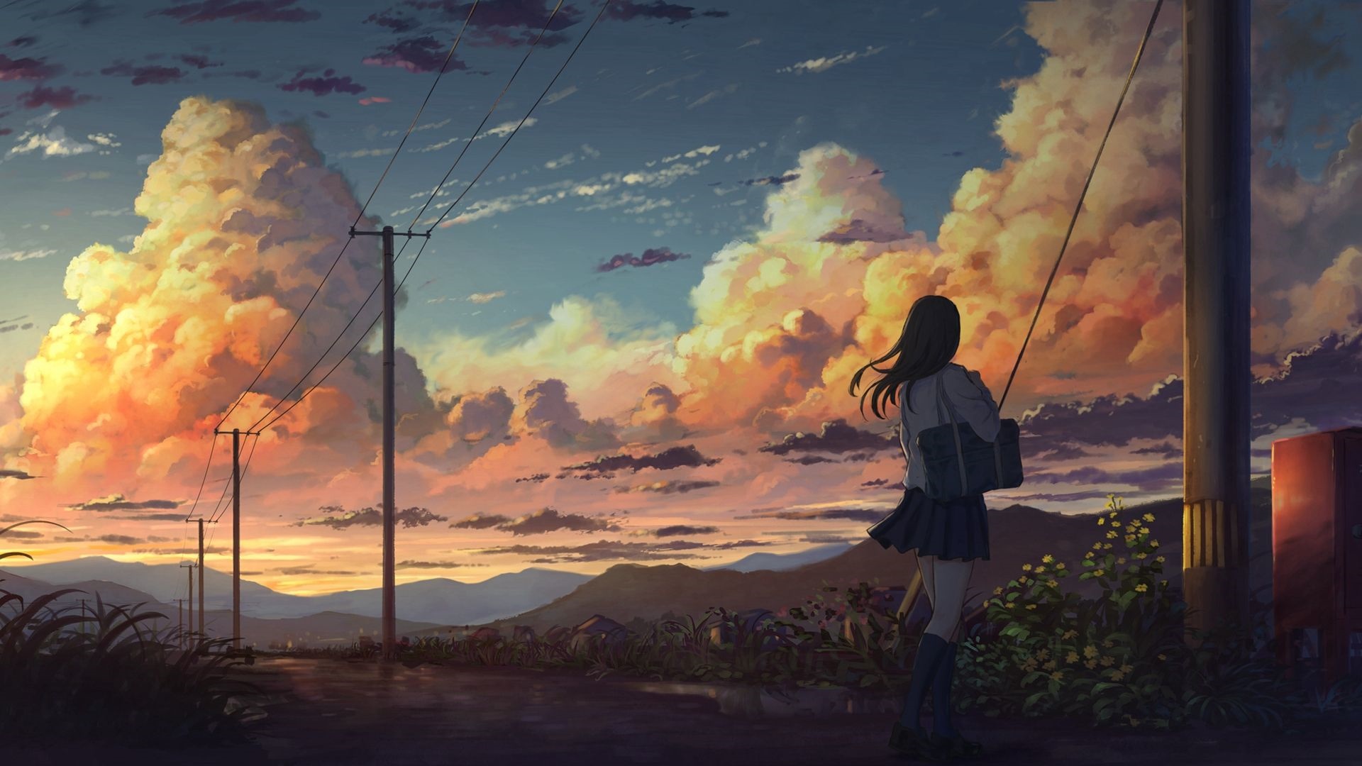 Girl watching sunset with dramatic clouds HD Wallpaper
