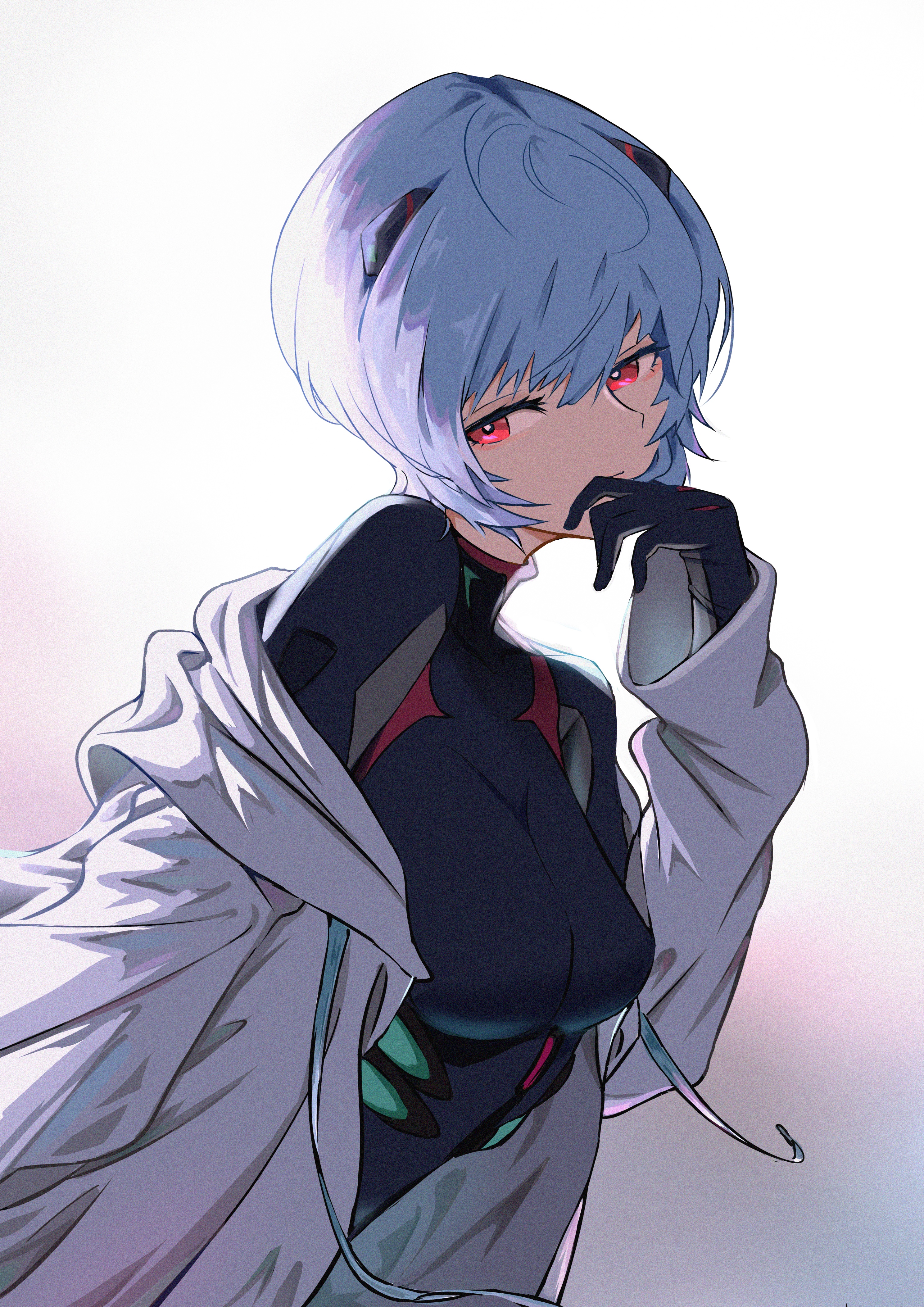 Ayanami Rei in a dark bodysuit and white coat HD Phone Wallpaper