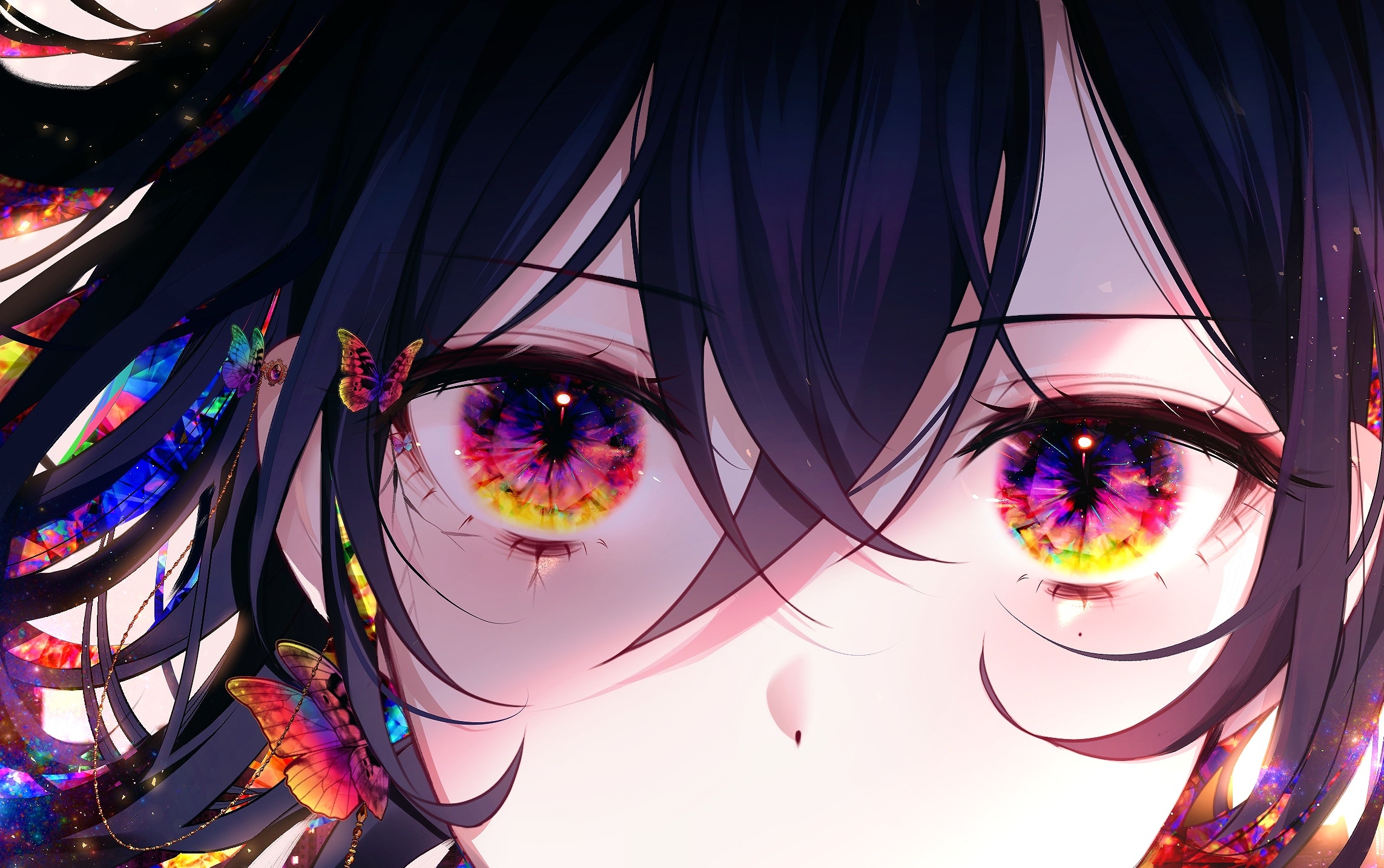 Anime girl with colorful multi-colored eyes and butterflies HD Wallpaper