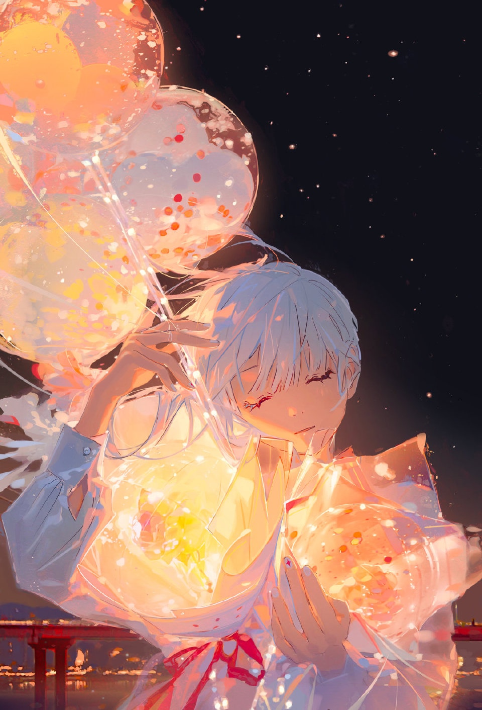 Anime girl with white hair holding glowing balloons HD Phone Wallpaper