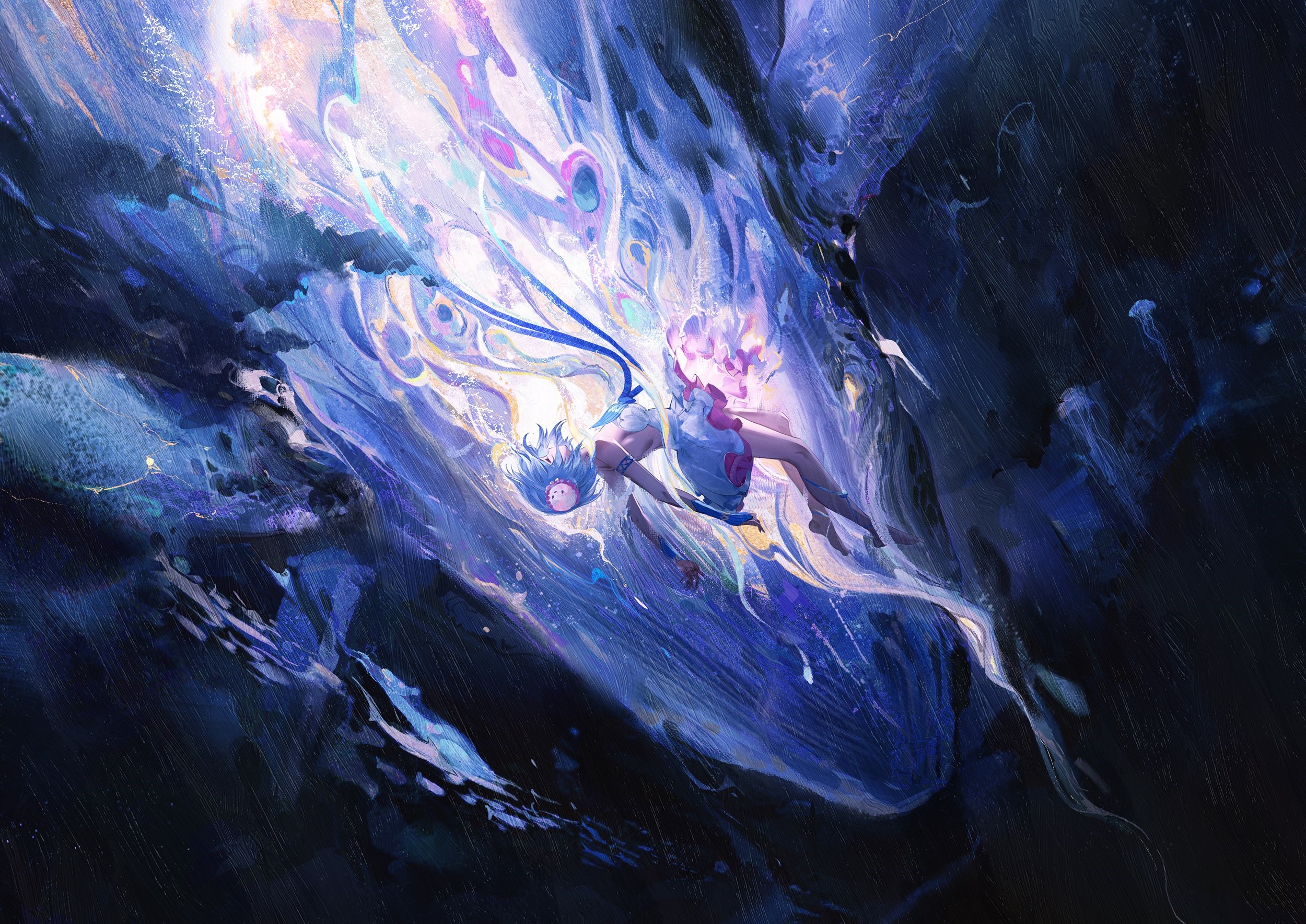 Anime girl with blue hair falling in water HD Wallpaper