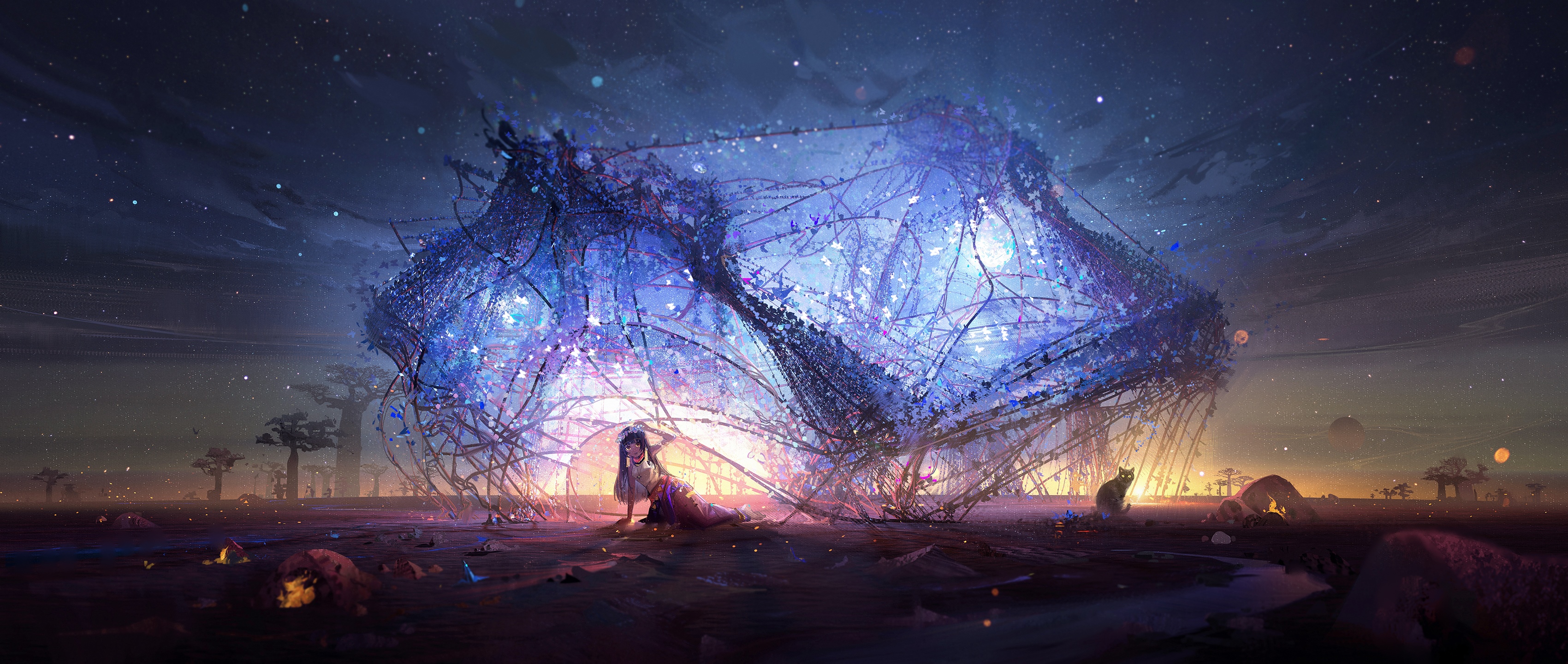 Girl and cat under glowing structure with baobab trees HD Wallpaper