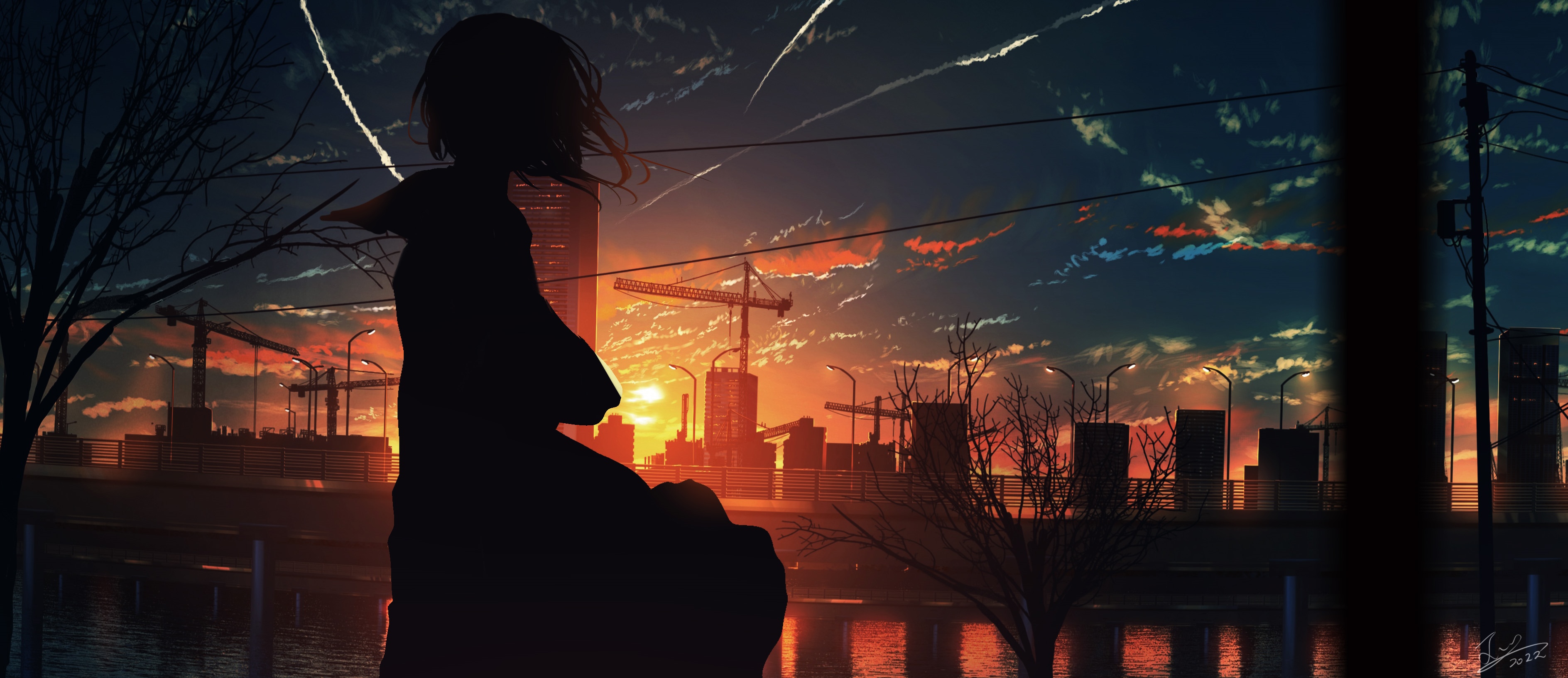 Silhouette of a girl against a city sunset HD Wallpaper