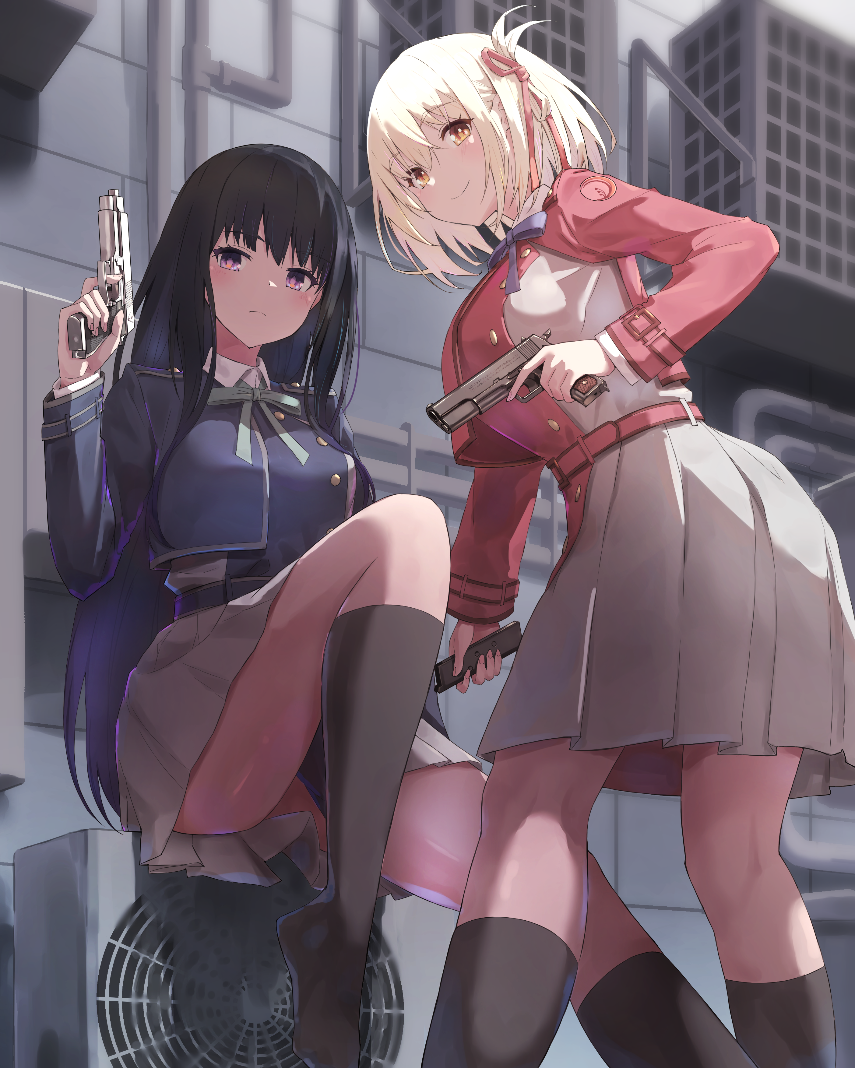 Lycoris Recoil fan art of Chisato and Takina with guns HD Phone Wallpaper